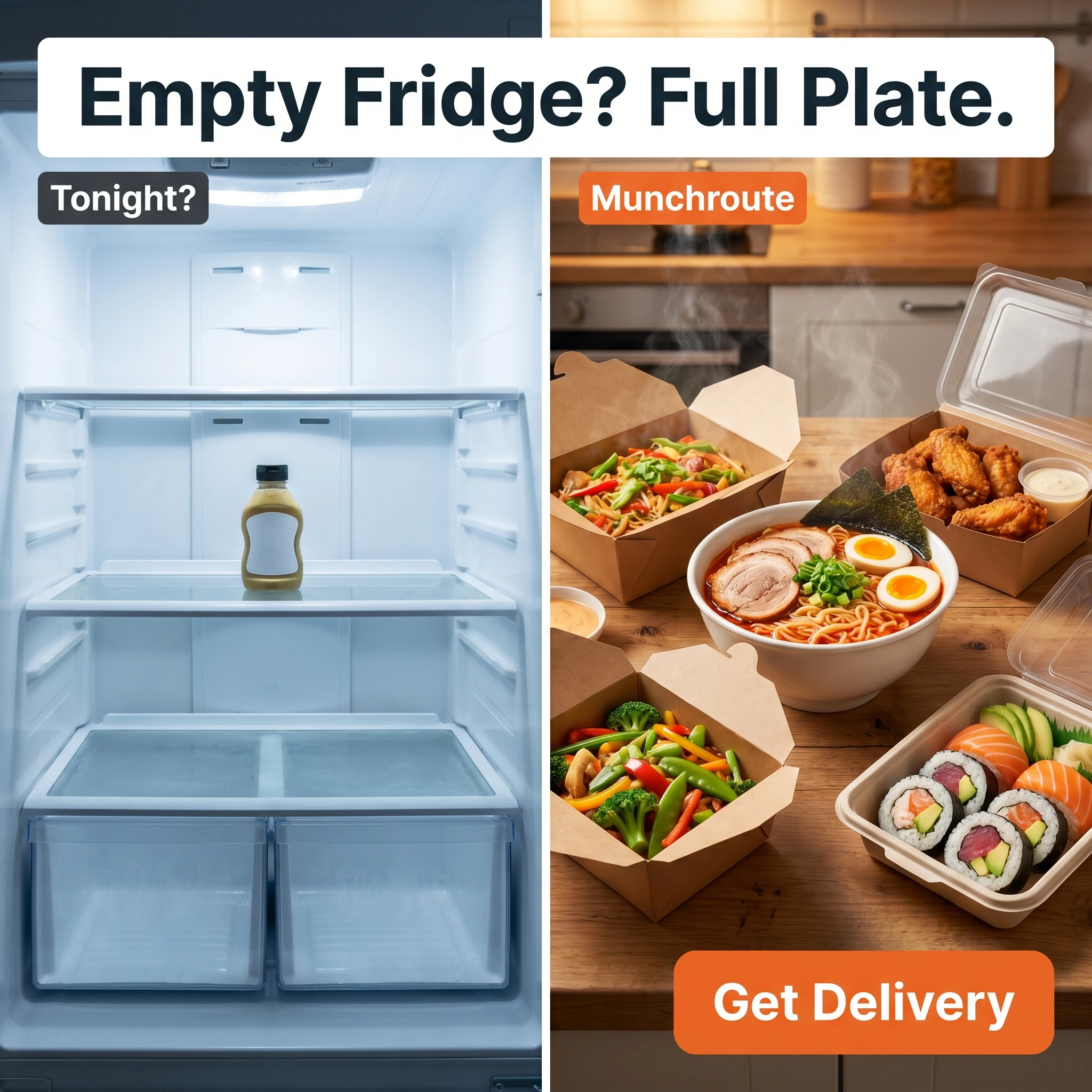 Food delivery comparison ad example: split frame of an empty fridge versus a delivered meal with headline 'Empty Fridge? Full Plate.'