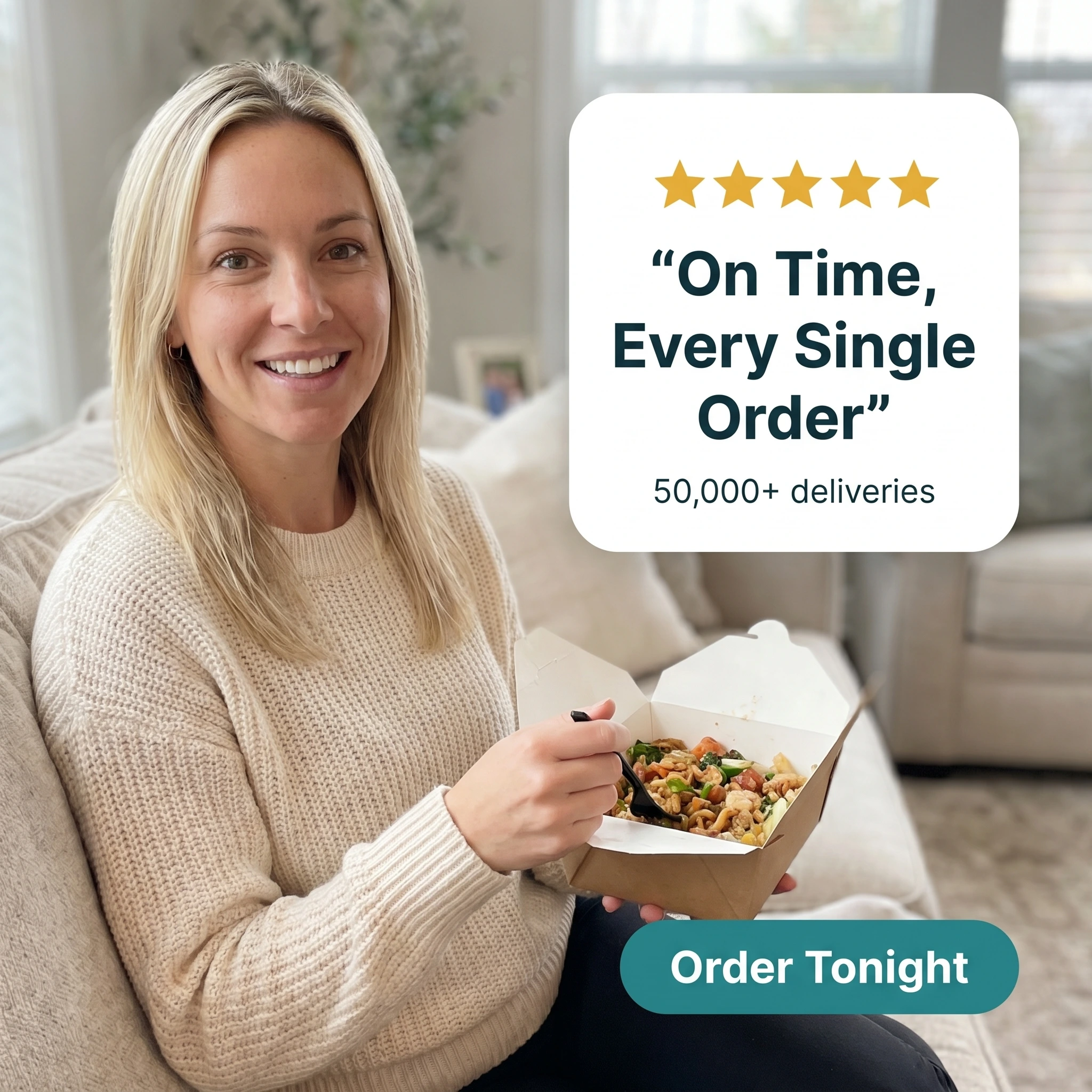 Food delivery testimonial ad example: customer beside a five-star review card reading 'On Time, Every Single Order'