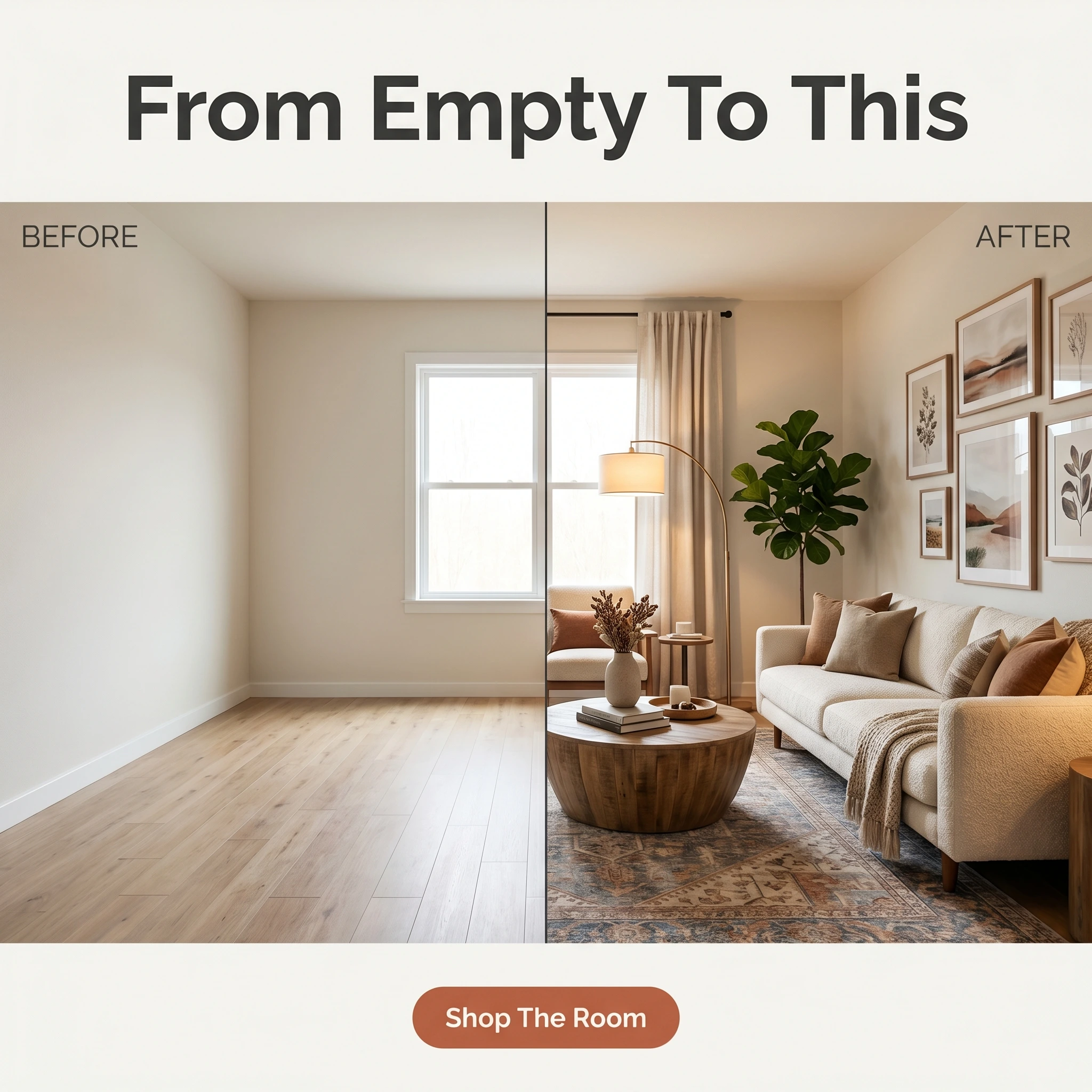 Before-and-after furniture store ad example: an empty room beside the same room fully styled with headline 'From Empty To This'