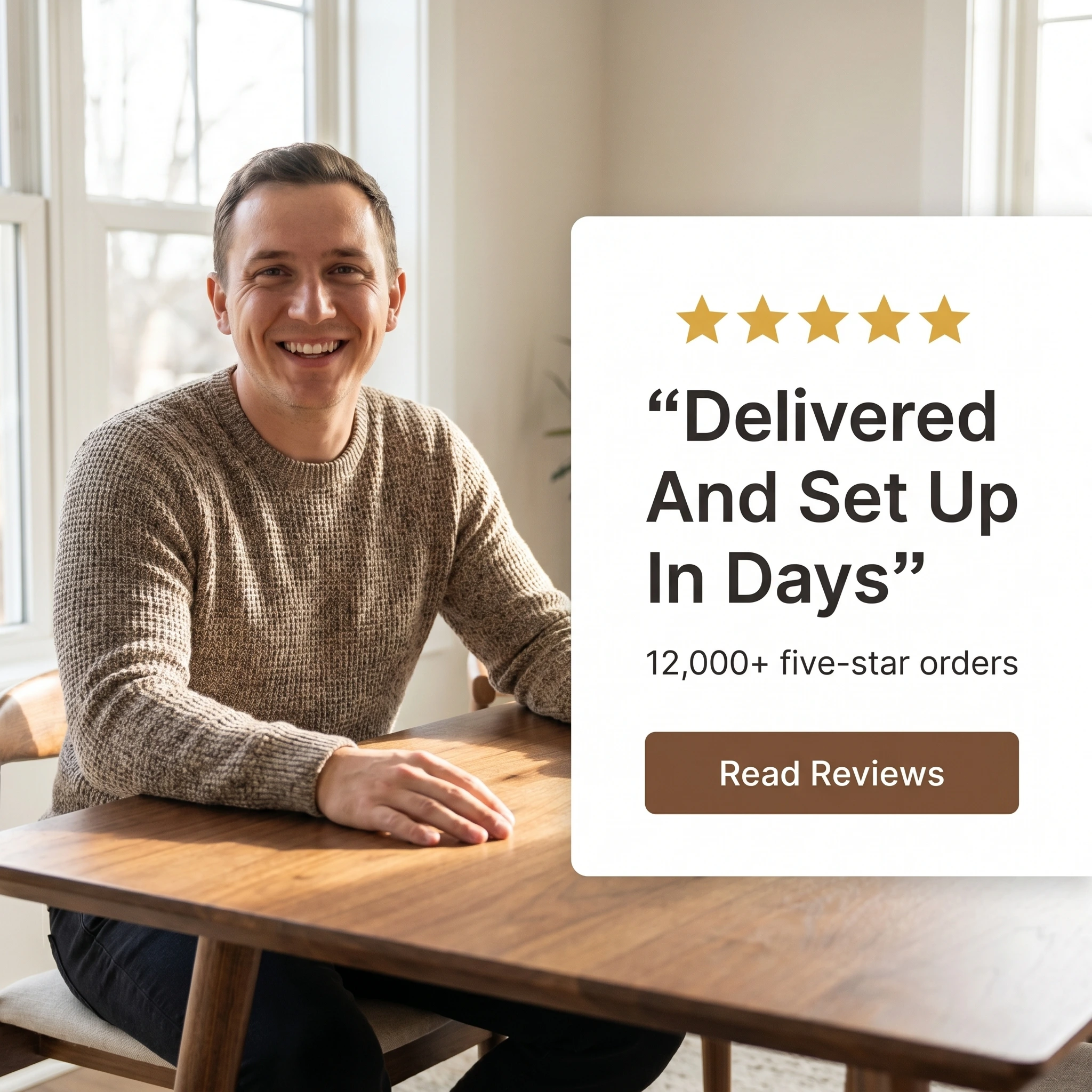 Furniture store testimonial ad example: a happy customer beside a five-star quote card reading 'Delivered And Set Up In Days'