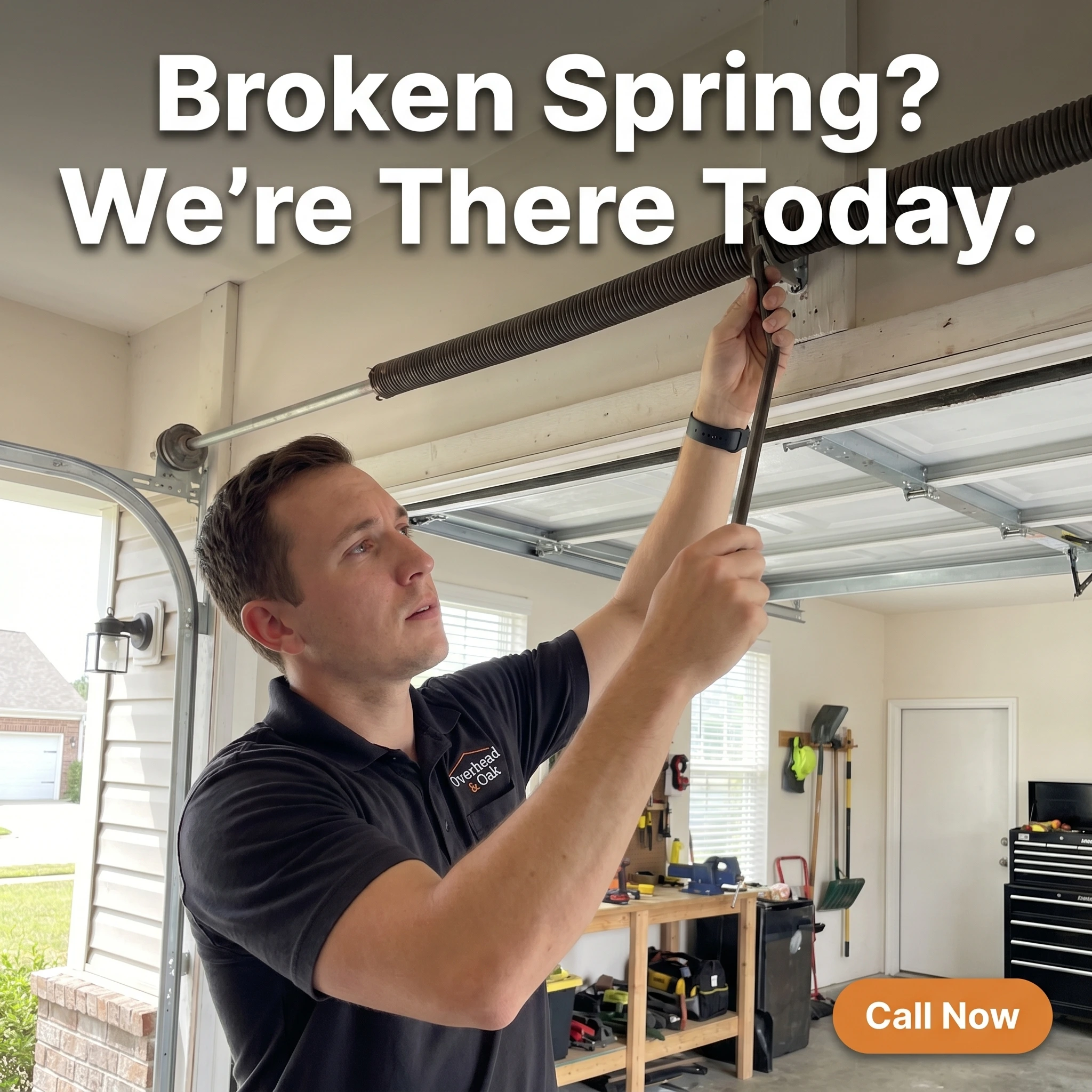 UGC-style garage door ad example: technician adjusting a torsion spring on an open garage door with headline 'Broken Spring? We're There Today.'