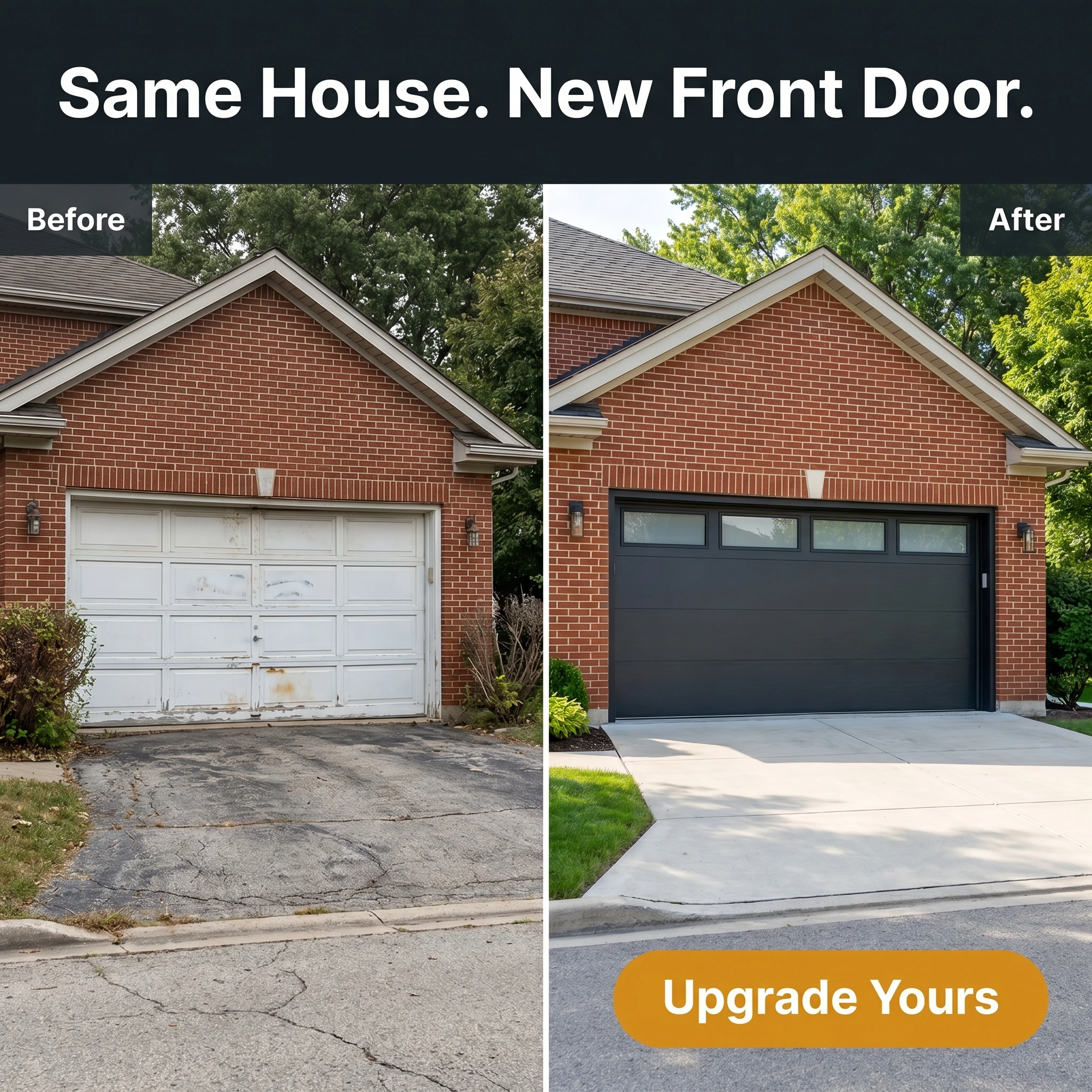 Before-and-after garage door ad example: split frame of a faded dented old garage door and a sleek new one on the same house with headline 'Same House. New Front Door.'