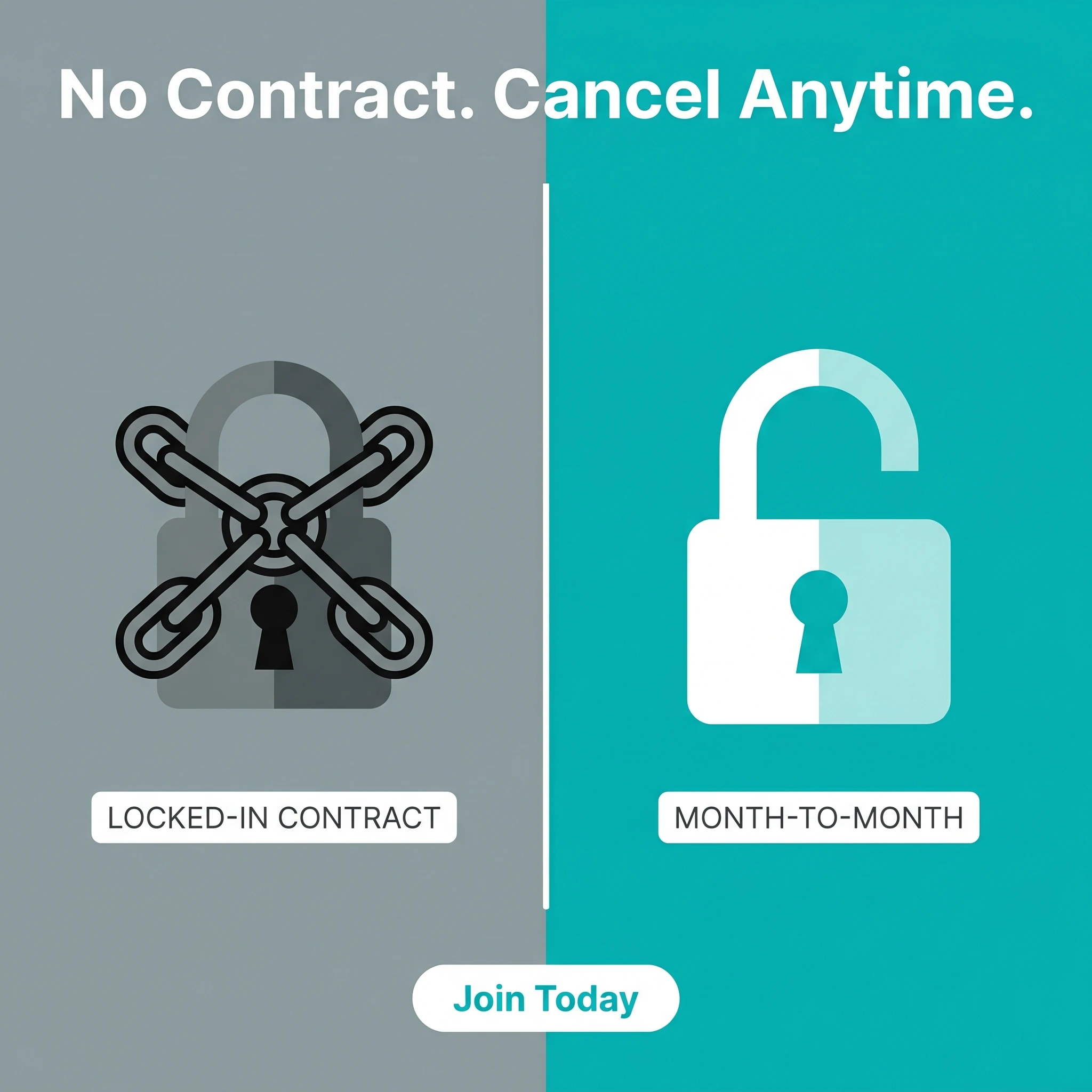 Gym comparison ad example: a contract-vs-month-to-month split with headline 'No Contract. Cancel Anytime.'
