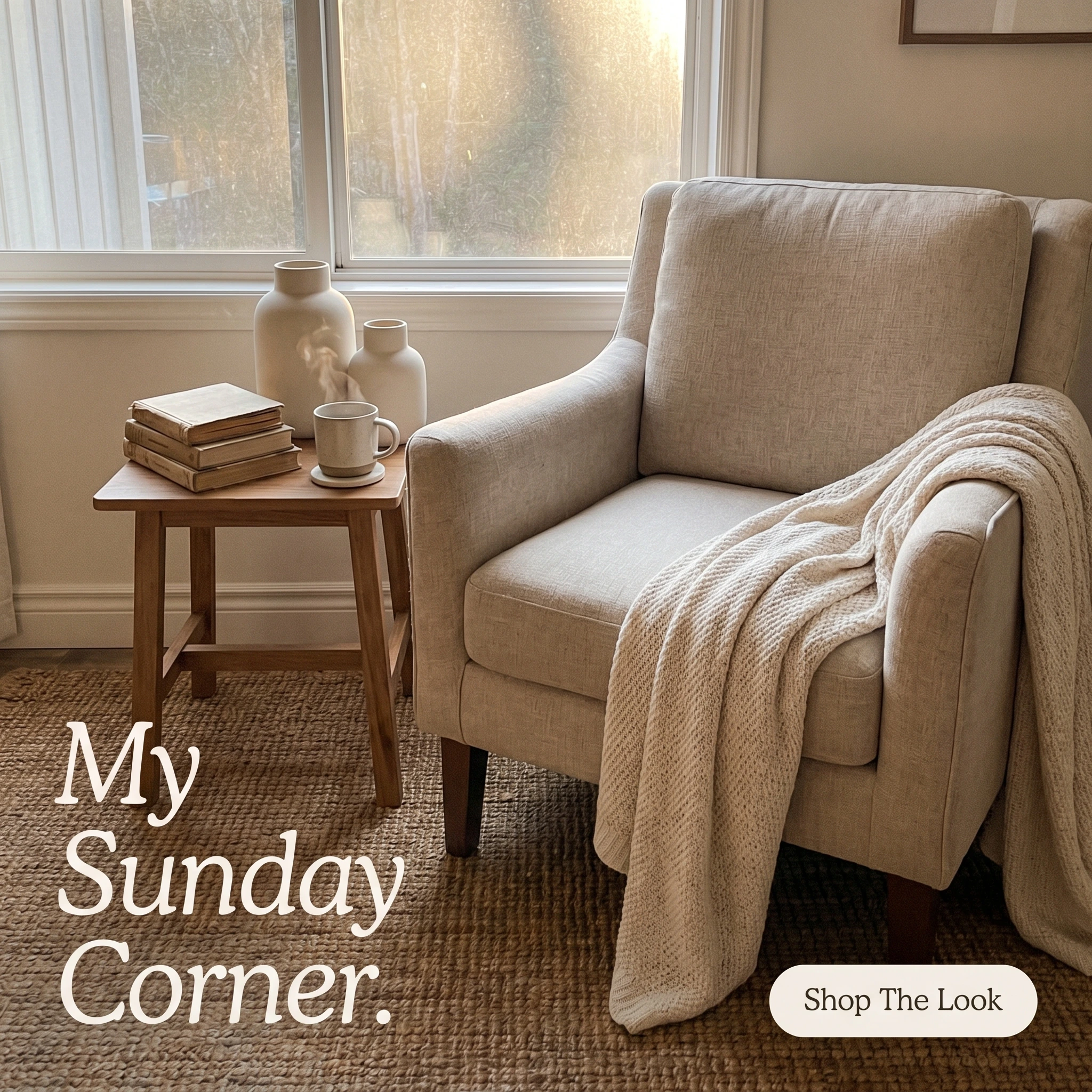 UGC-style home decor ad example: a sunlit styled reading corner with linen armchair, woven rug and ceramics, headline 'My Sunday Corner.'