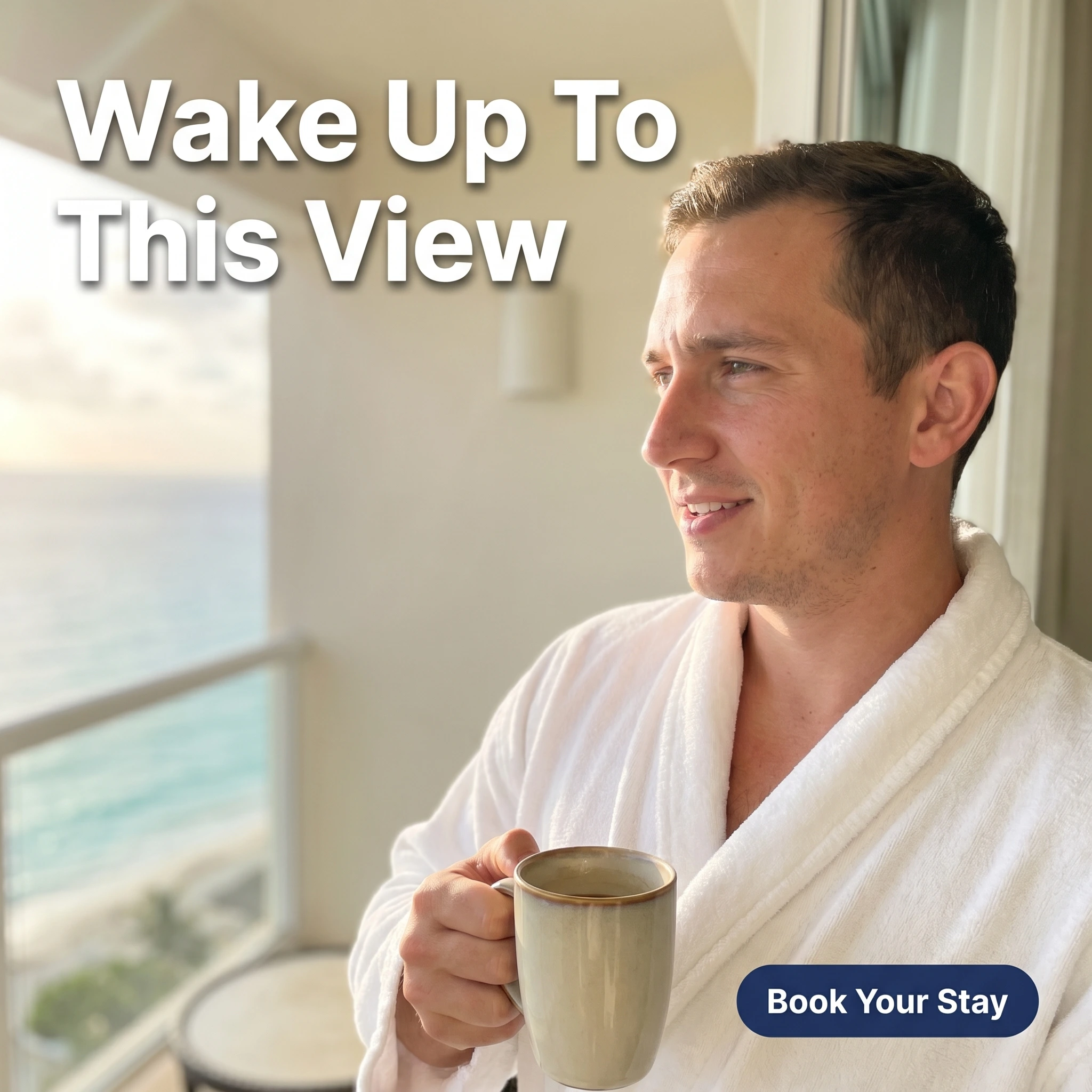 UGC-style hotel ad example: guest in a robe with coffee on a balcony with headline 'Wake Up To This View'