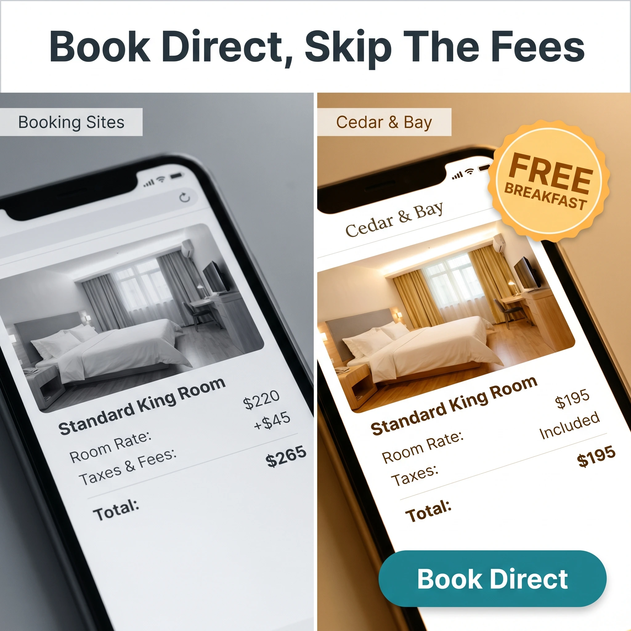 Hotel comparison ad example: split frame of a booking-site price versus a lower direct rate with headline 'Book Direct, Skip The Fees'