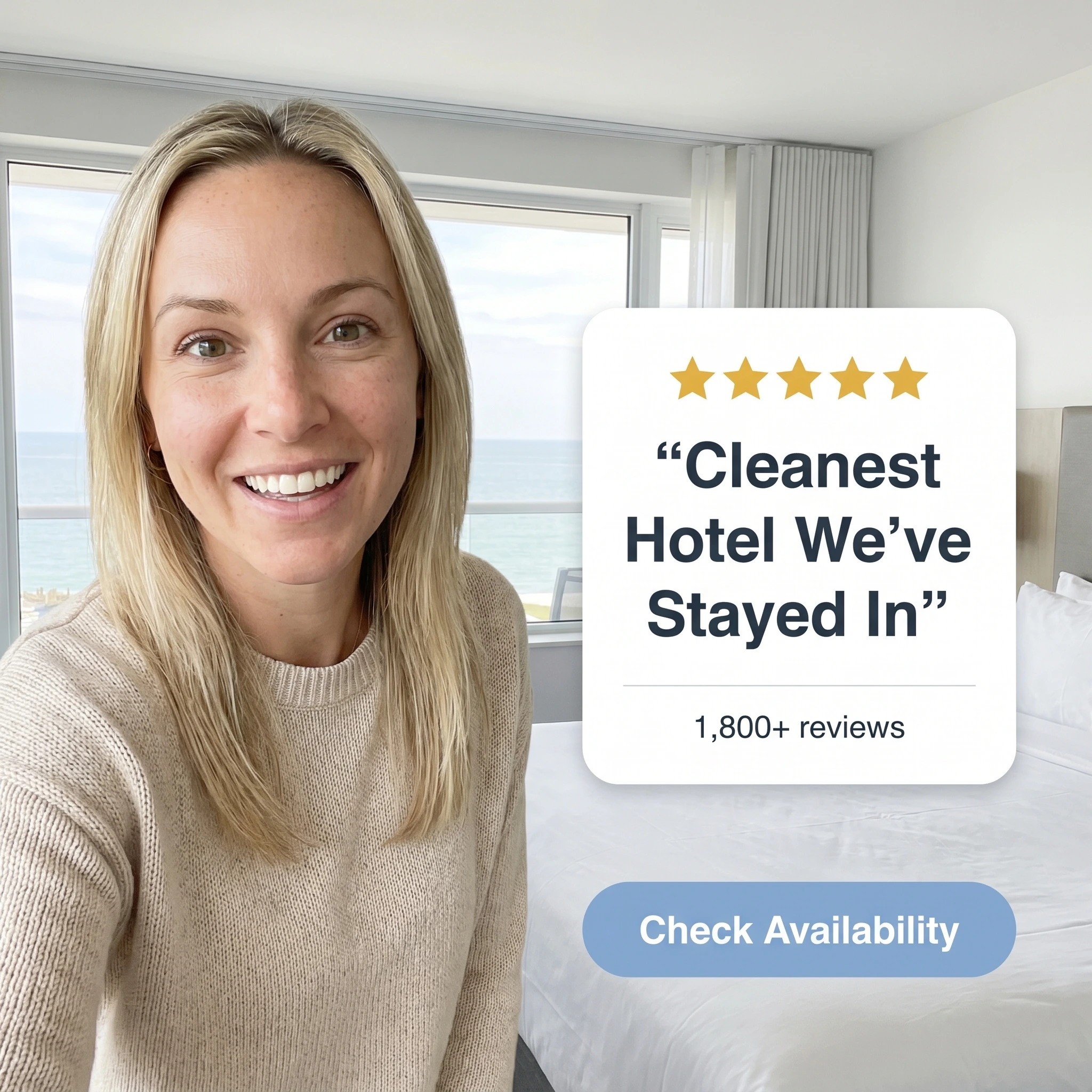 Hotel testimonial ad example: guest beside a five-star review card reading 'Cleanest Hotel We've Stayed In'