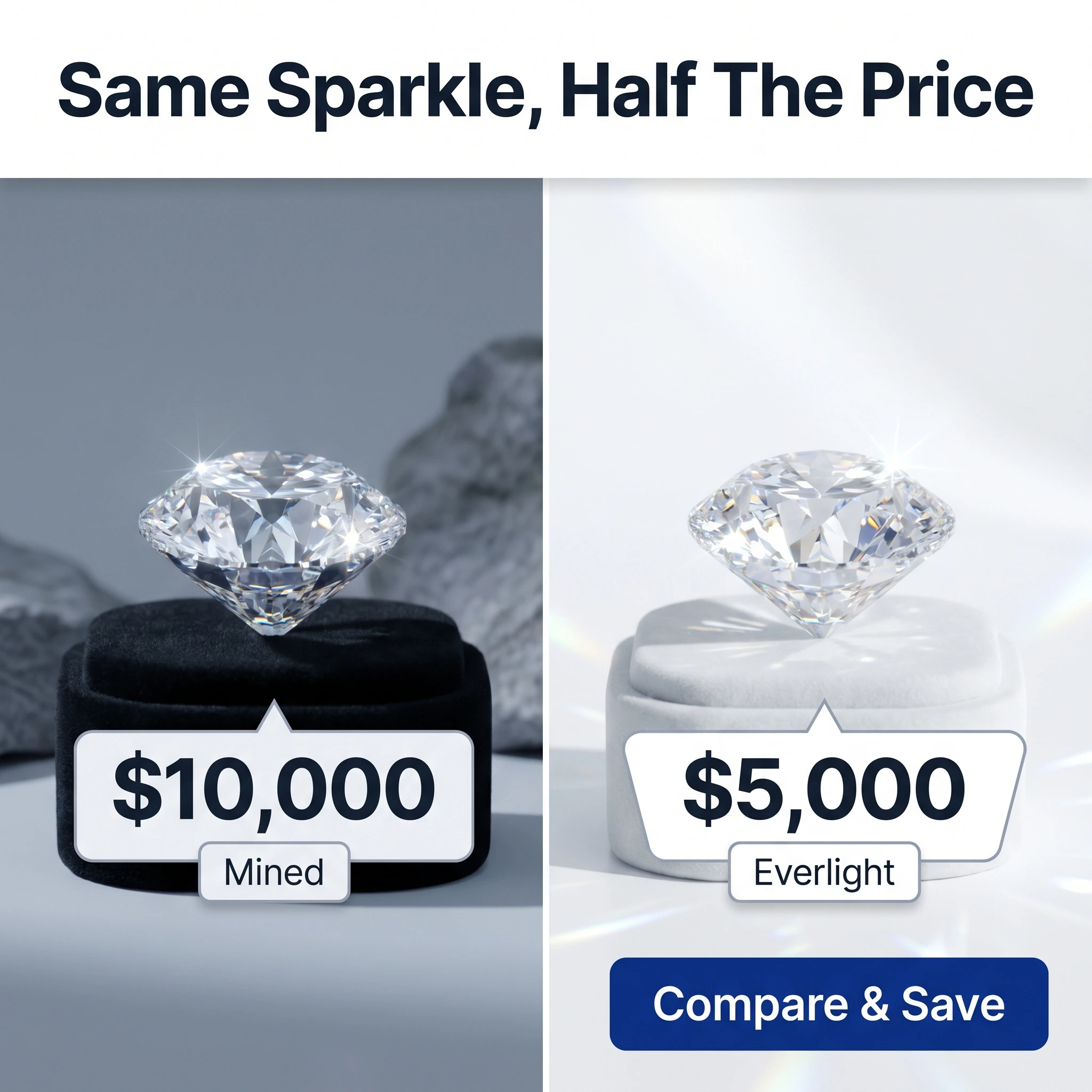 Jewelry comparison ad example: split frame of a mined diamond versus a lab-grown diamond with headline 'Same Sparkle, Half The Price'