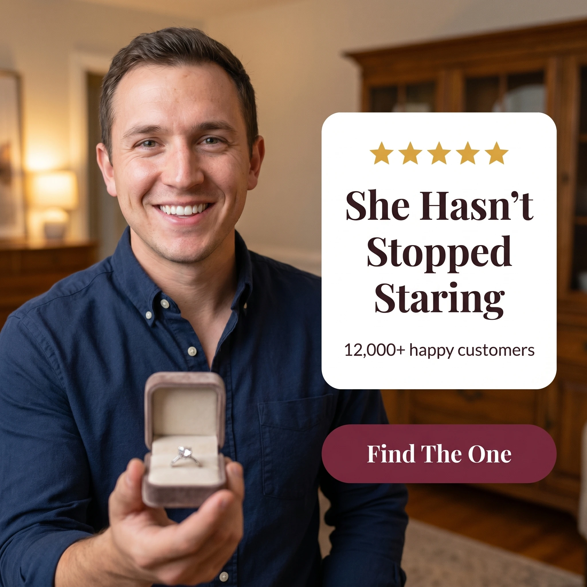 Jewelry testimonial ad example: gift-giver holding a ring box beside a five-star review card reading 'She Hasn't Stopped Staring'