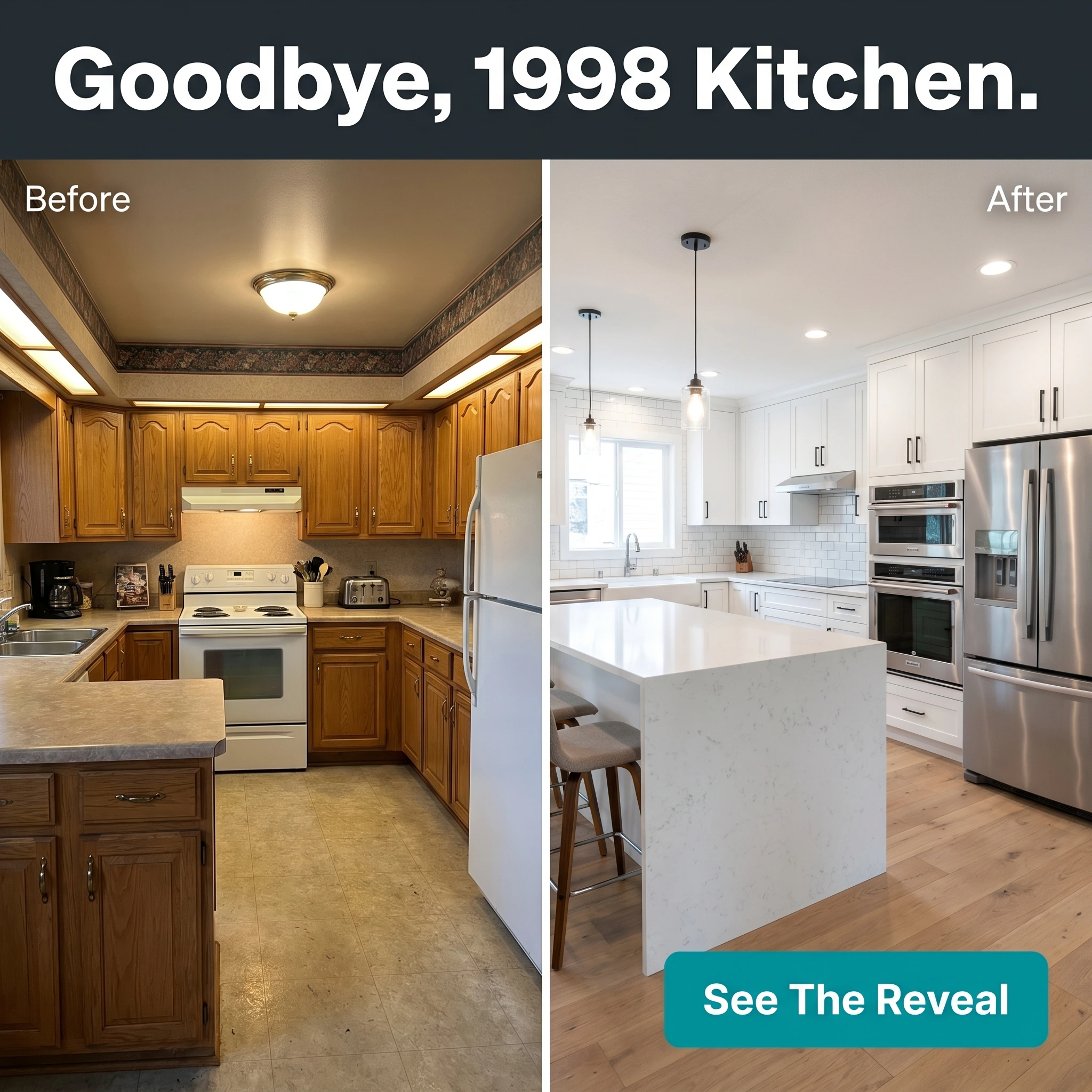 Before-and-after kitchen remodeling ad example: split frame of a dated oak 1990s kitchen and a bright modern open-concept kitchen with headline 'Goodbye, 1998 Kitchen'