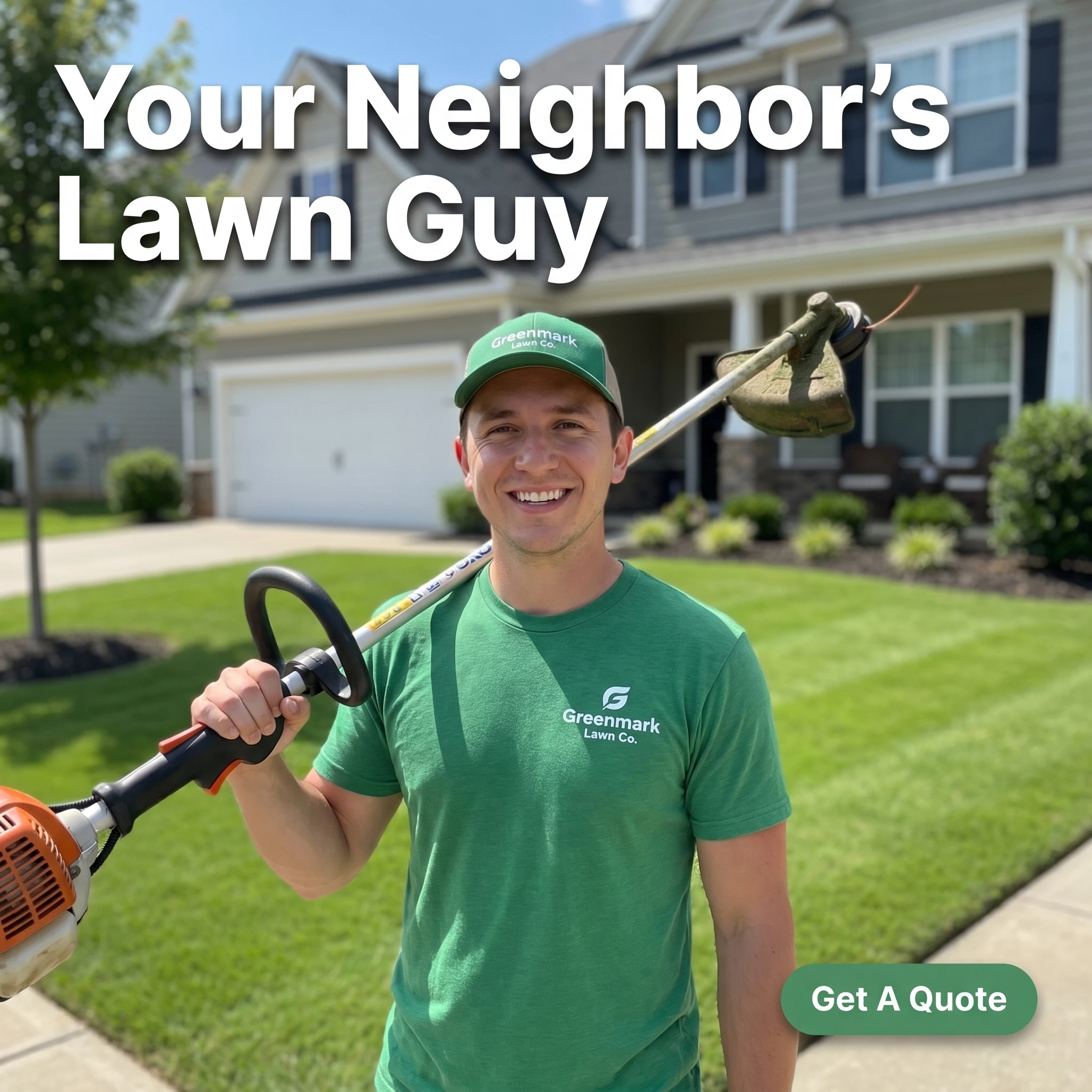 UGC-style landscaping ad example: a landscaper in a finished yard with headline 'Your Neighbor's Lawn Guy'