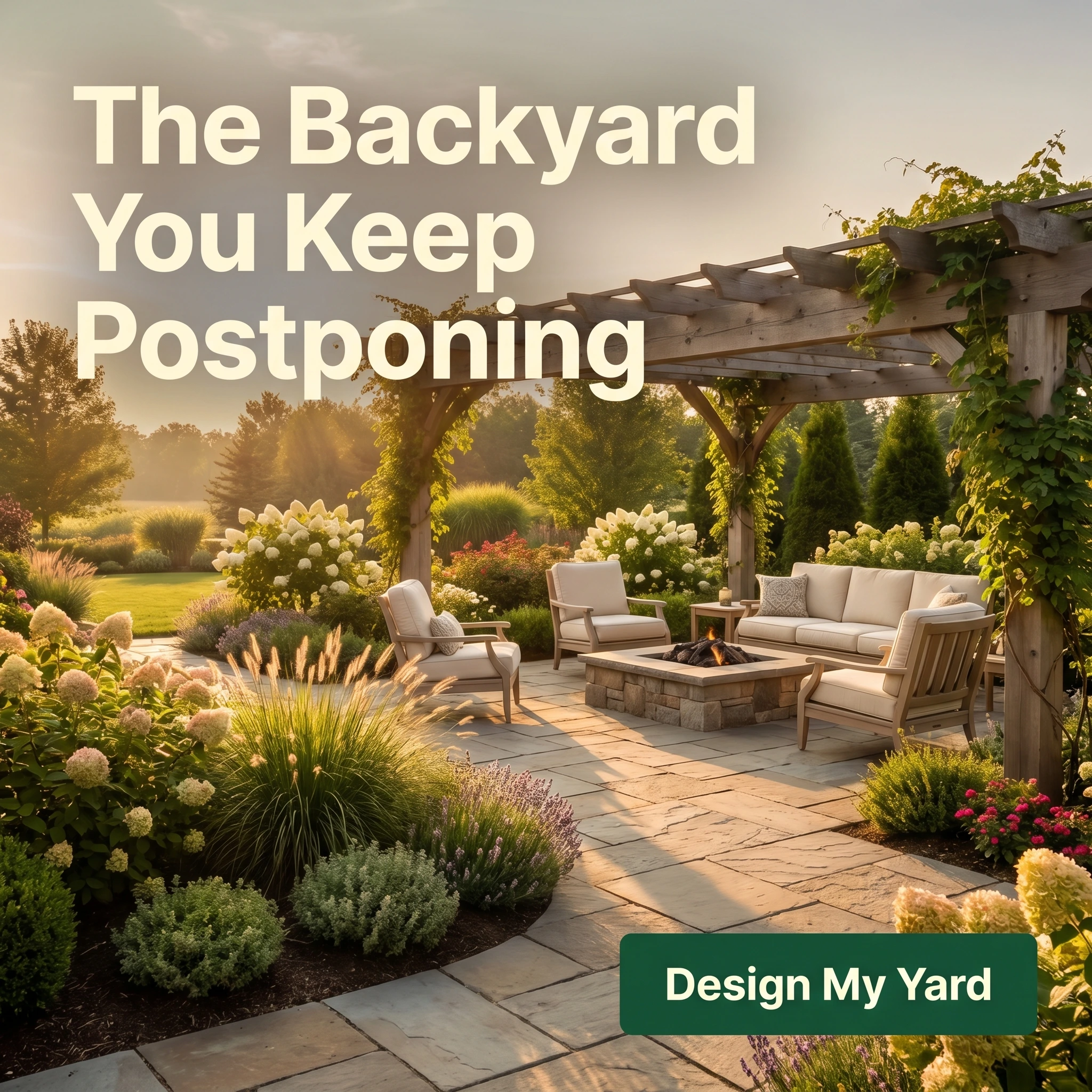 Landscaping hero ad example: a finished backyard patio and garden at golden hour with headline 'The Backyard You Keep Postponing'
