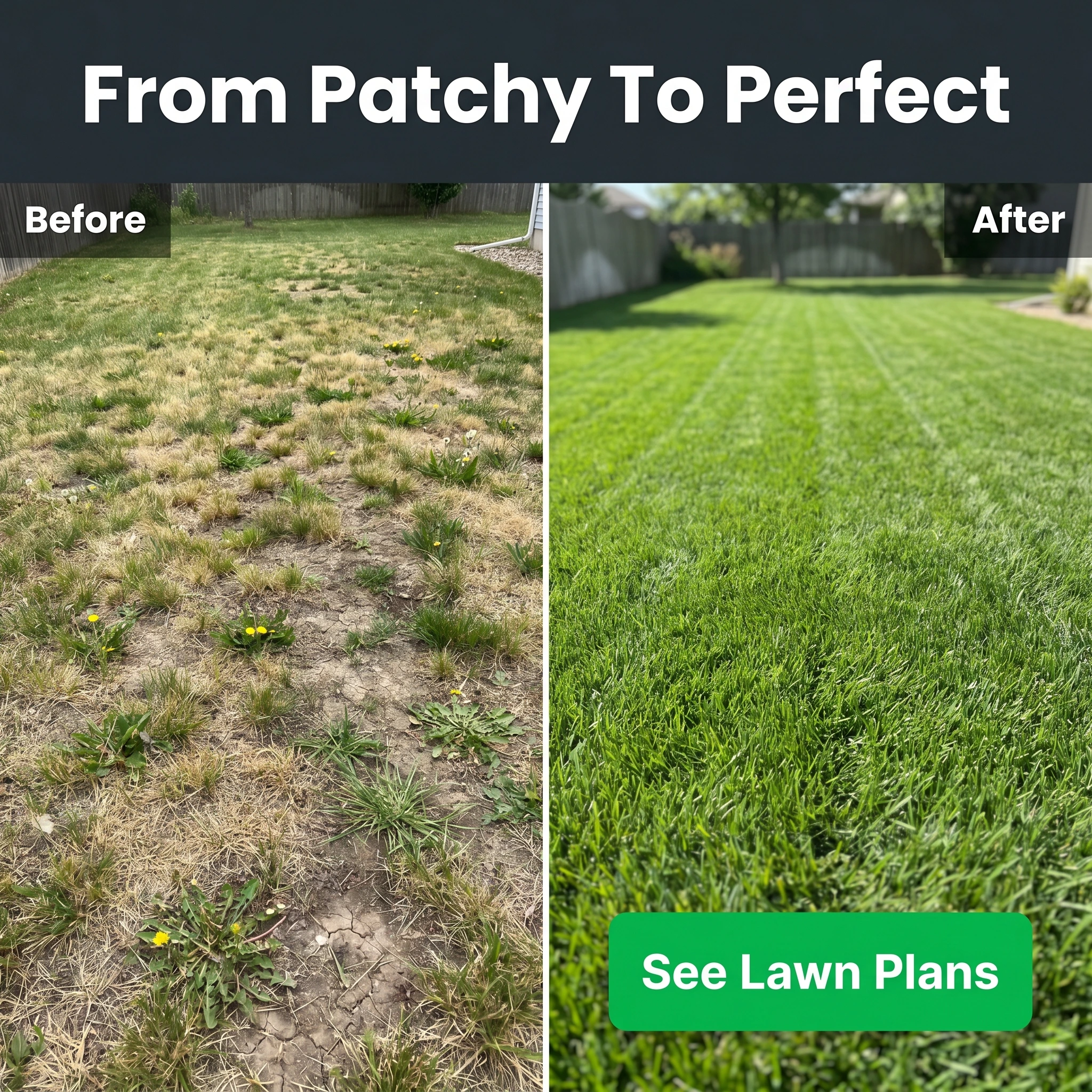 Landscaping before-and-after ad example: split frame of a patchy lawn and a lush green one with headline 'From Patchy To Perfect'