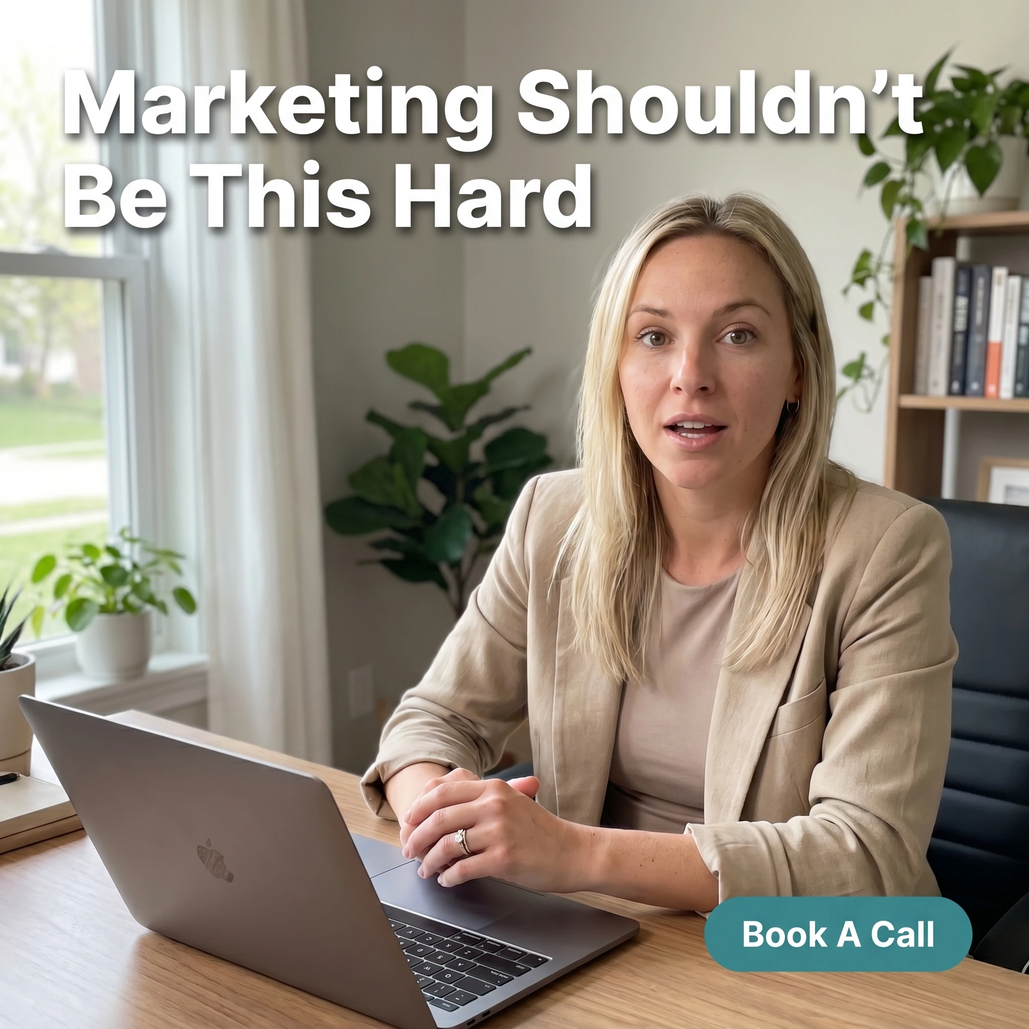 UGC-style marketing agency ad example: a strategist at a laptop talking to camera with headline 'Marketing Shouldn't Be This Hard'