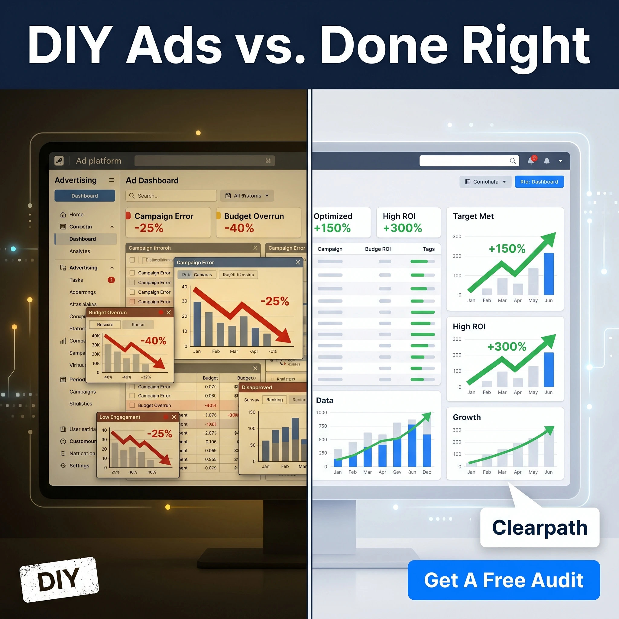 Marketing agency comparison ad example: split frame of a messy ad account and a clean one with headline 'DIY Ads vs. Done Right'