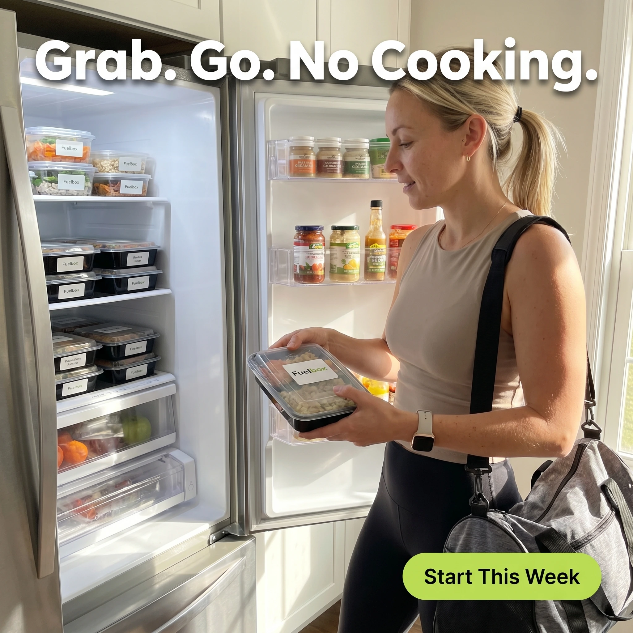 UGC-style meal prep ad example: woman grabbing a meal container from the fridge with a gym bag and headline 'Grab. Go. No Cooking.'