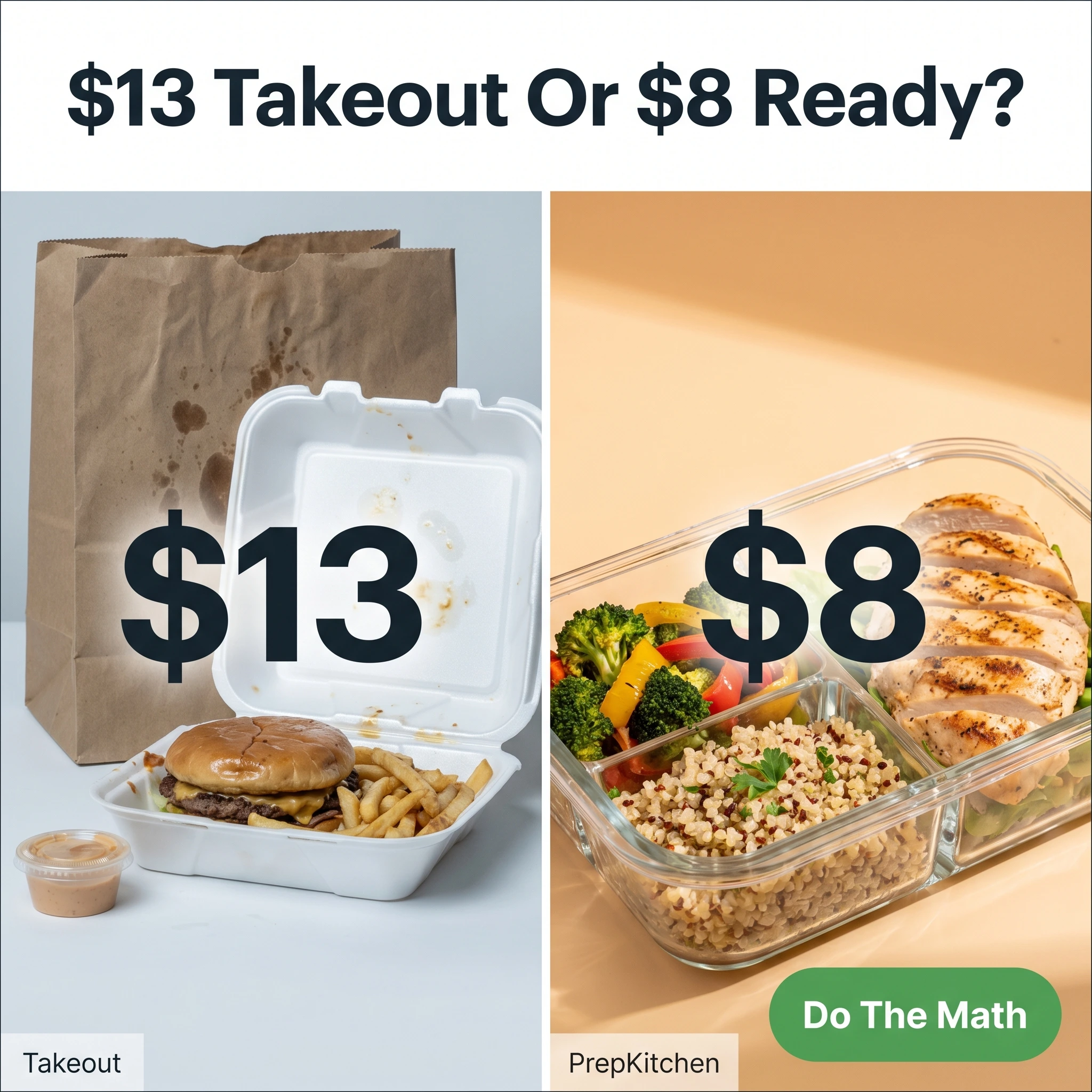Meal prep comparison ad example: split frame of $13 takeout versus an $8 prepped meal with headline '$13 Takeout Or $8 Ready?'