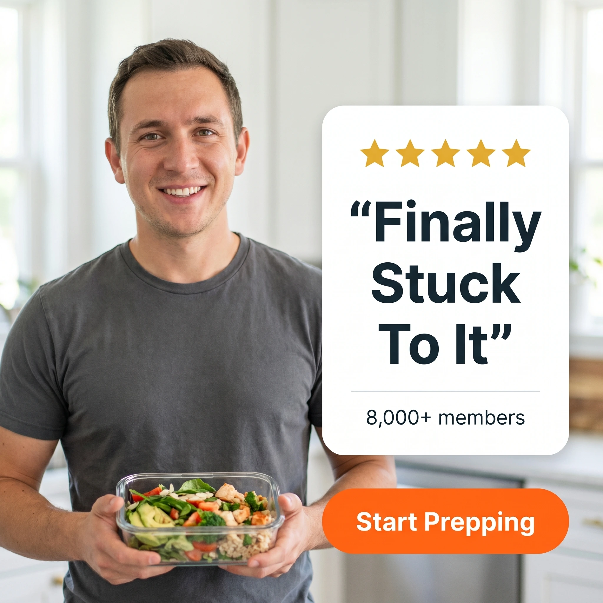 Meal prep testimonial ad example: member beside a five-star review card reading 'Finally Stuck To It'