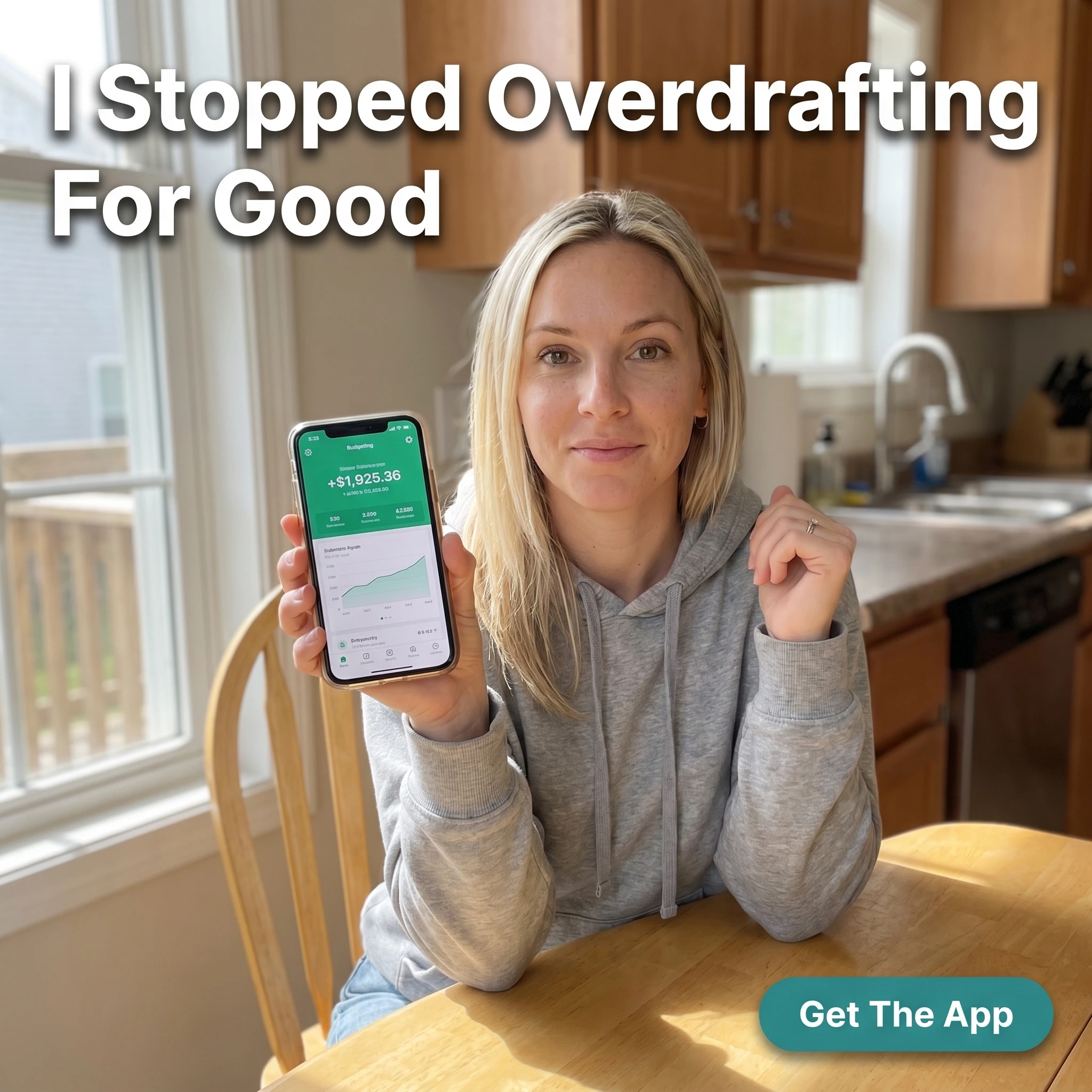 UGC-style mobile app ad example: a woman at her kitchen table holding a phone showing a budgeting app with headline 'I Stopped Overdrafting For Good'