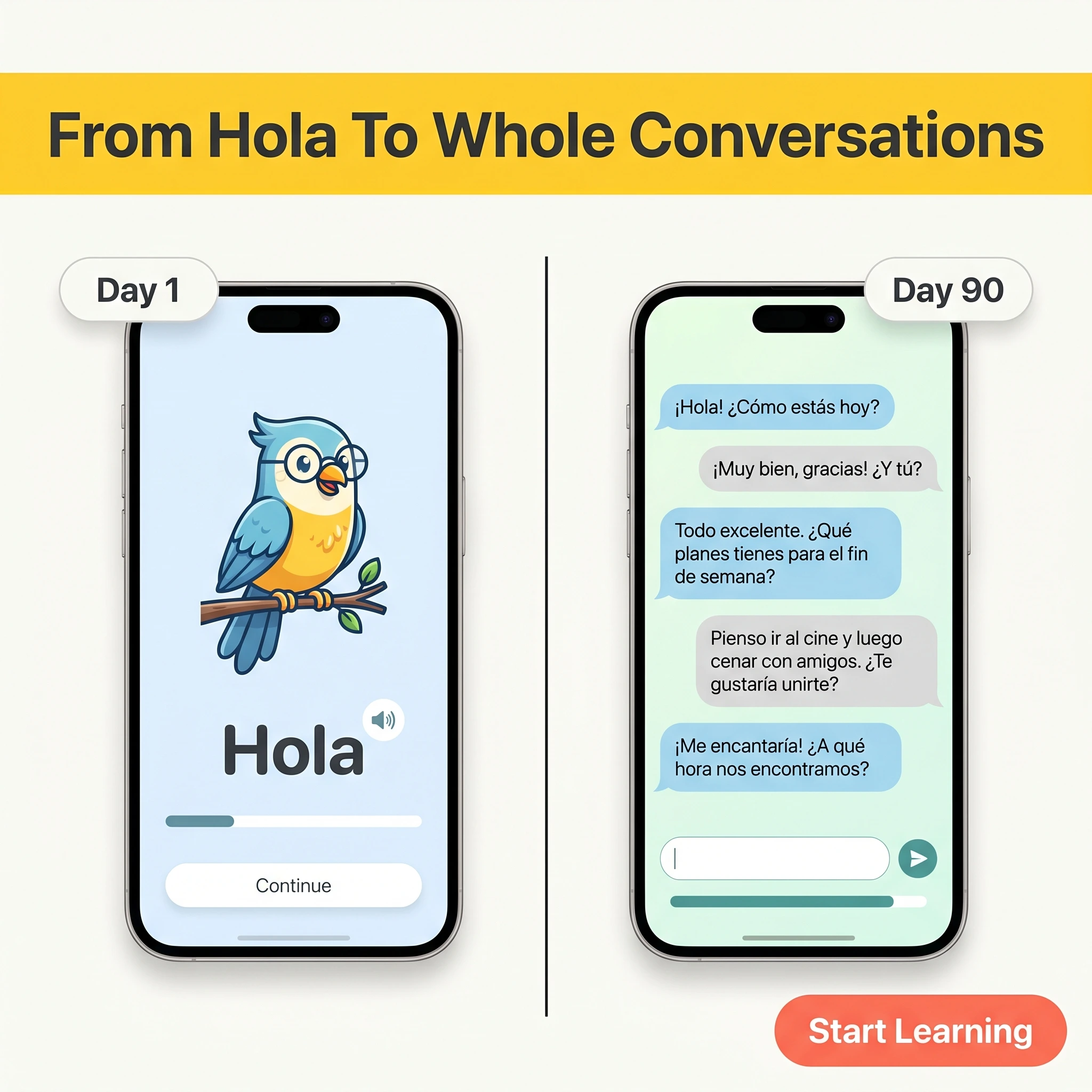 Before-and-after mobile app ad example: split frame of a beginner language lesson screen and an advanced conversation screen, with headline 'From Hola To Whole Conversations'