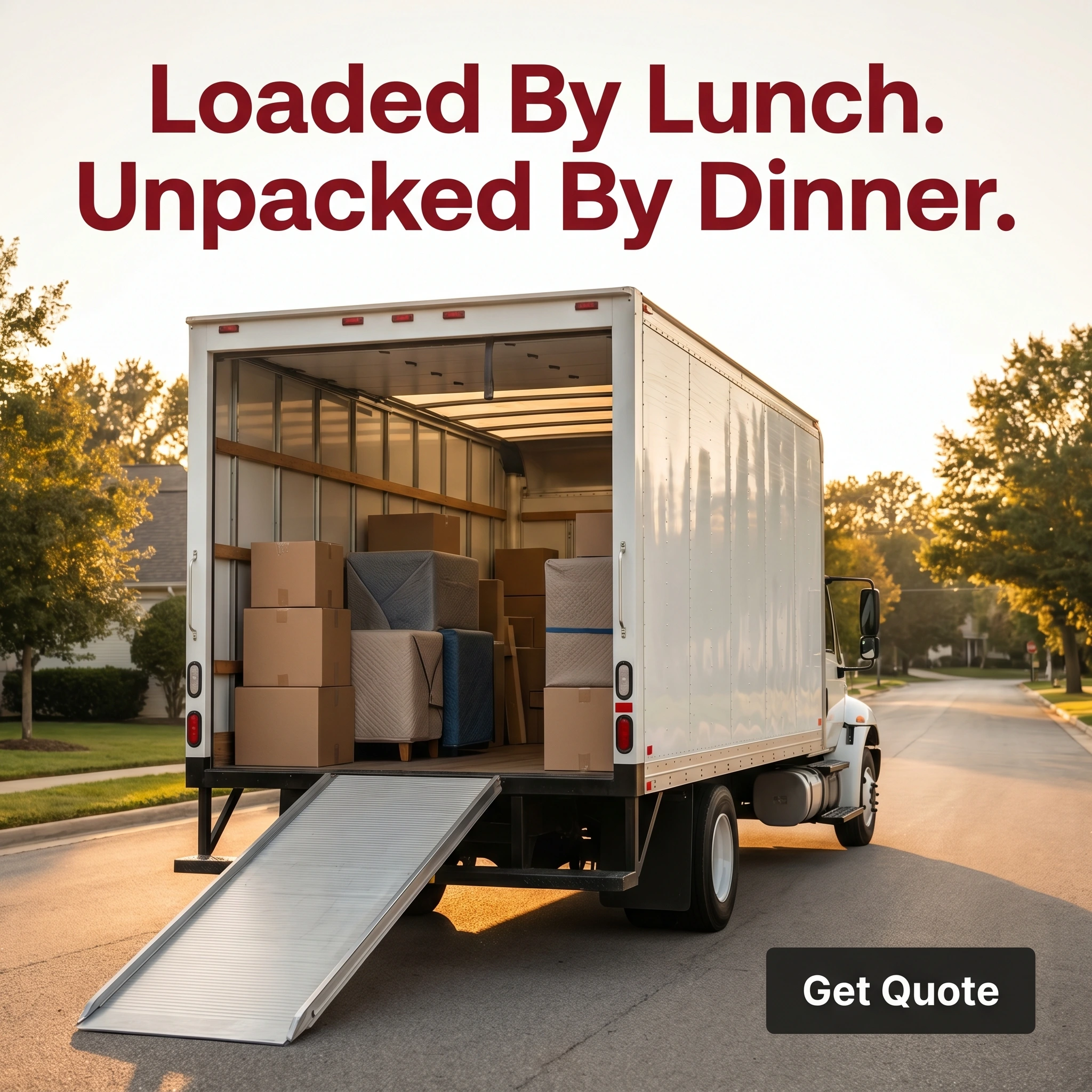 Moving company hero ad example: a clean box truck with ramp down and stacked boxes, headline 'Loaded By Lunch. Unpacked By Dinner.'