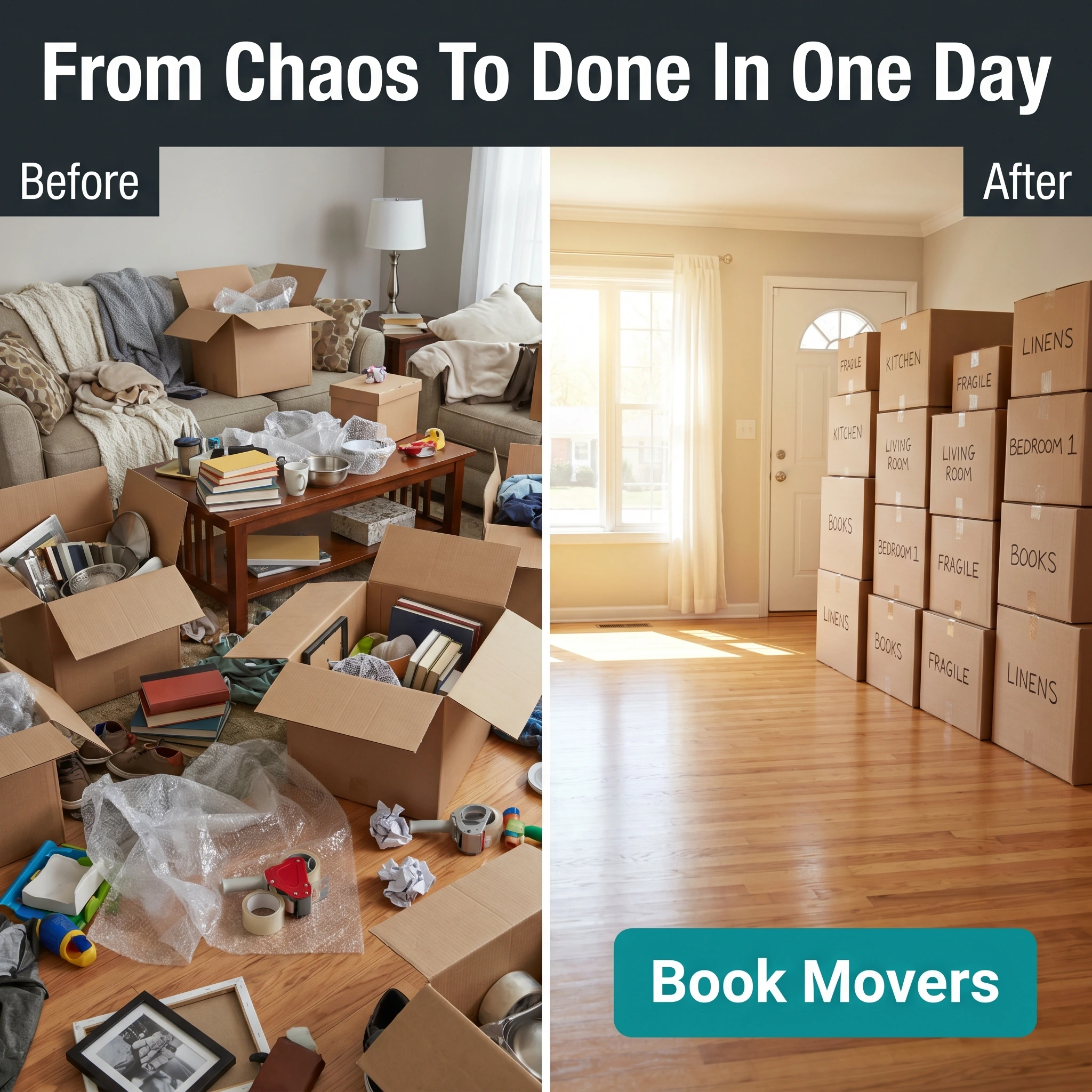 Before-and-after moving company ad example: split frame of a cluttered living room and a neatly packed, empty room with headline 'From Chaos To Done In One Day'