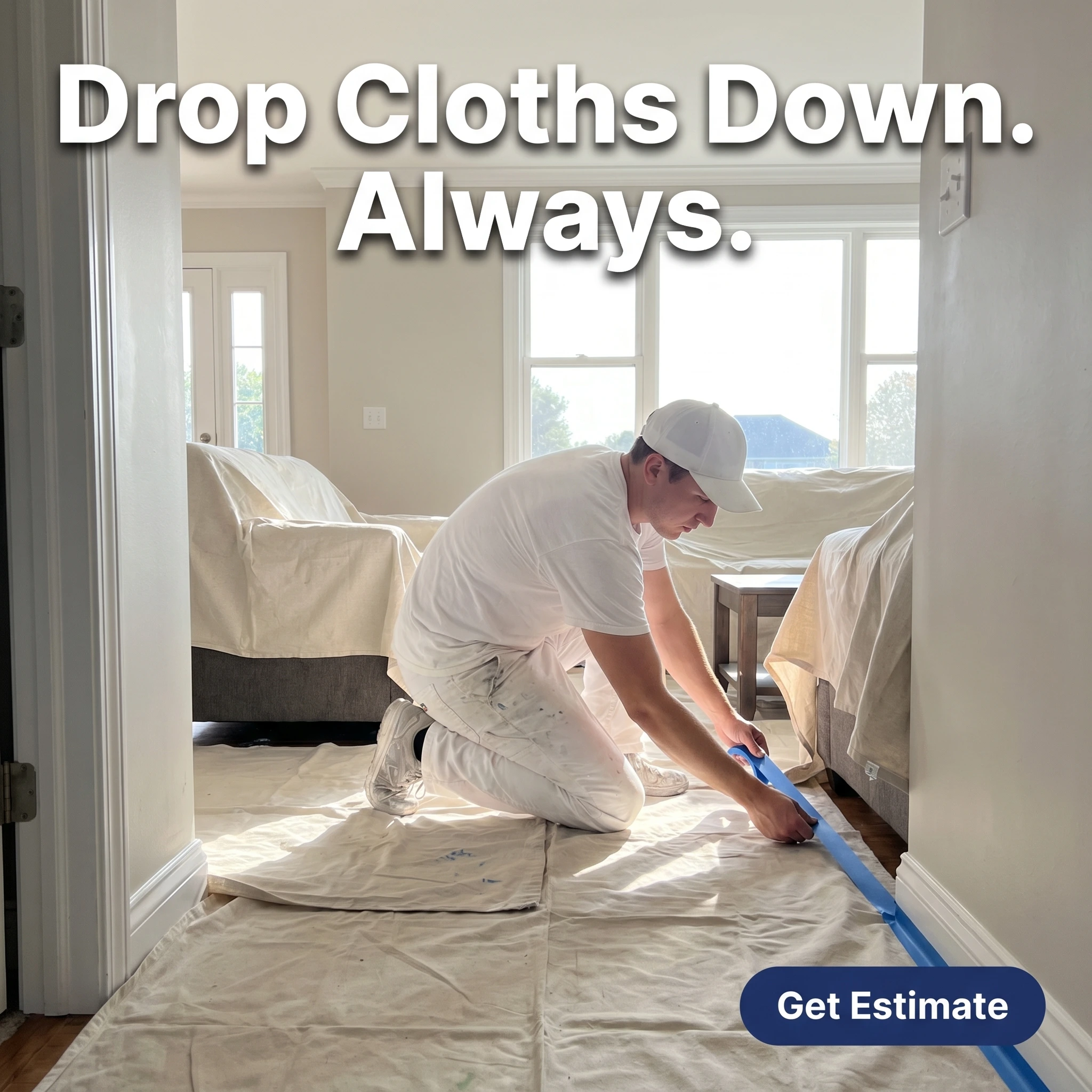 UGC-style painting company ad example: a painter taping off trim in a draped living room with headline 'Drop Cloths Down. Always.'