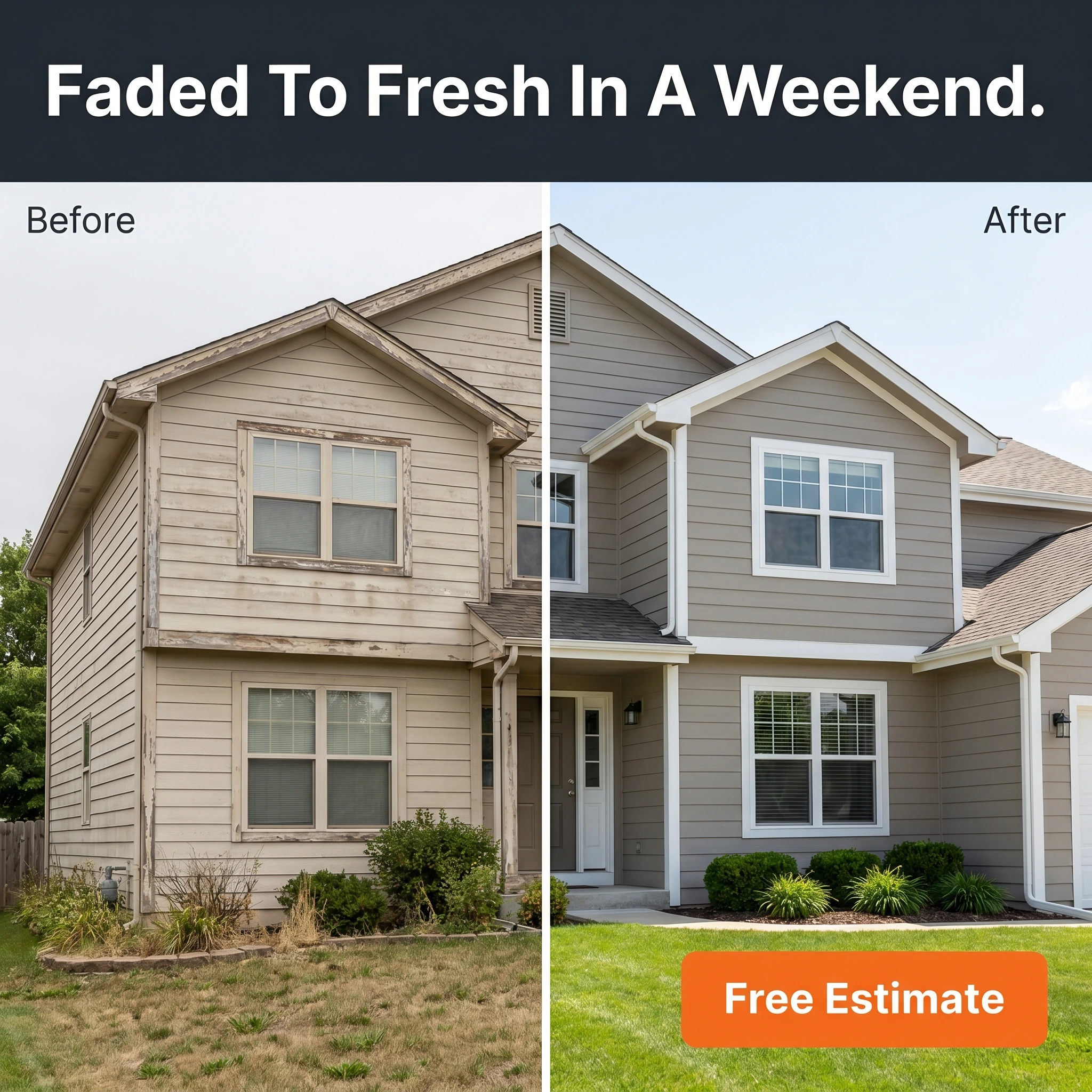 Before-and-after painting company ad example: split frame of a sun-faded house exterior and the same house freshly repainted with headline 'Faded To Fresh In A Weekend.'