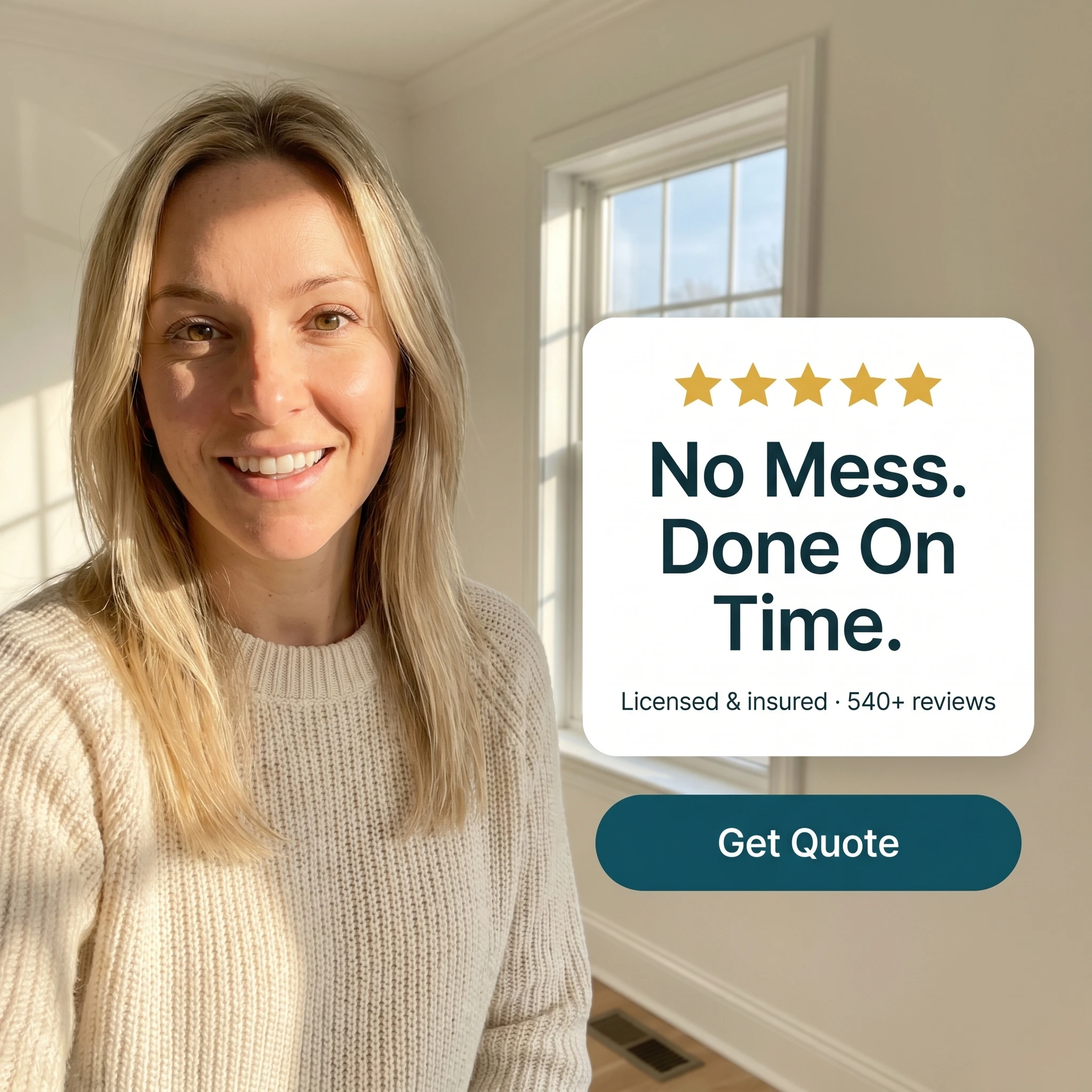 Painting company testimonial ad example: a homeowner beside a freshly painted room and a five-star quote card reading 'No Mess. Done On Time.'