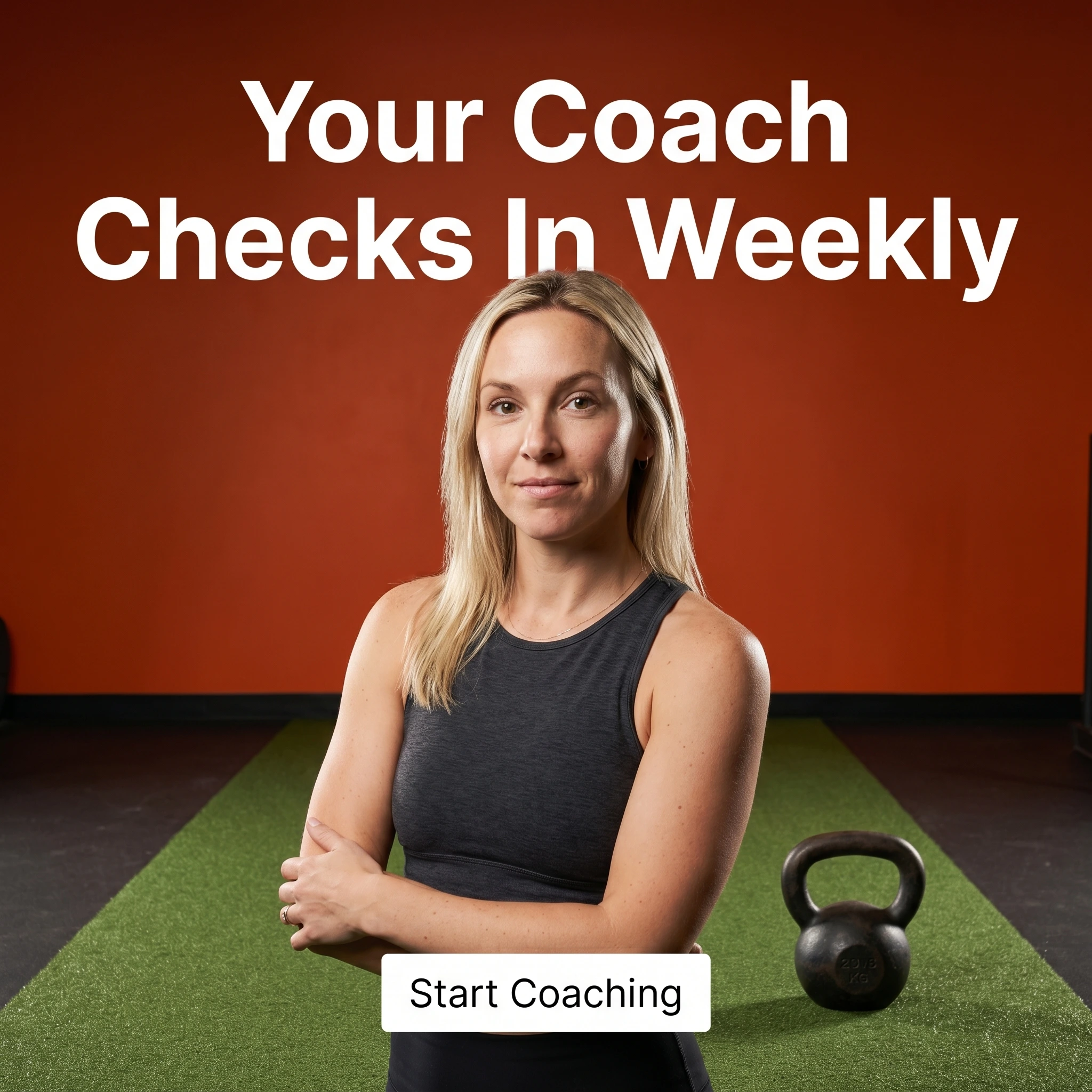 Personal trainer hero ad example: a confident coach in a private studio with headline 'Your Coach Checks In Weekly'