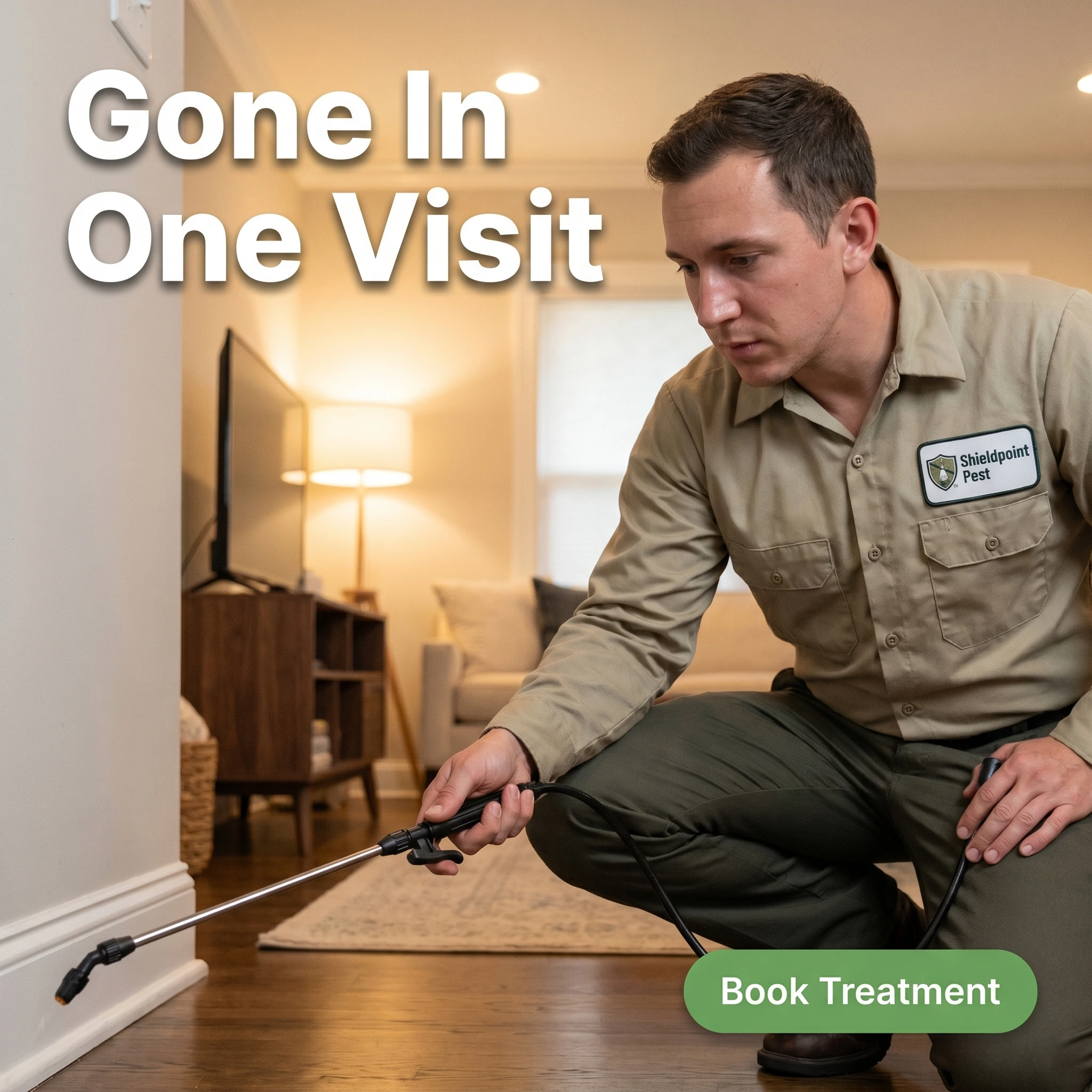 UGC-style pest control ad example: a technician treating a baseboard with headline 'Gone In One Visit'