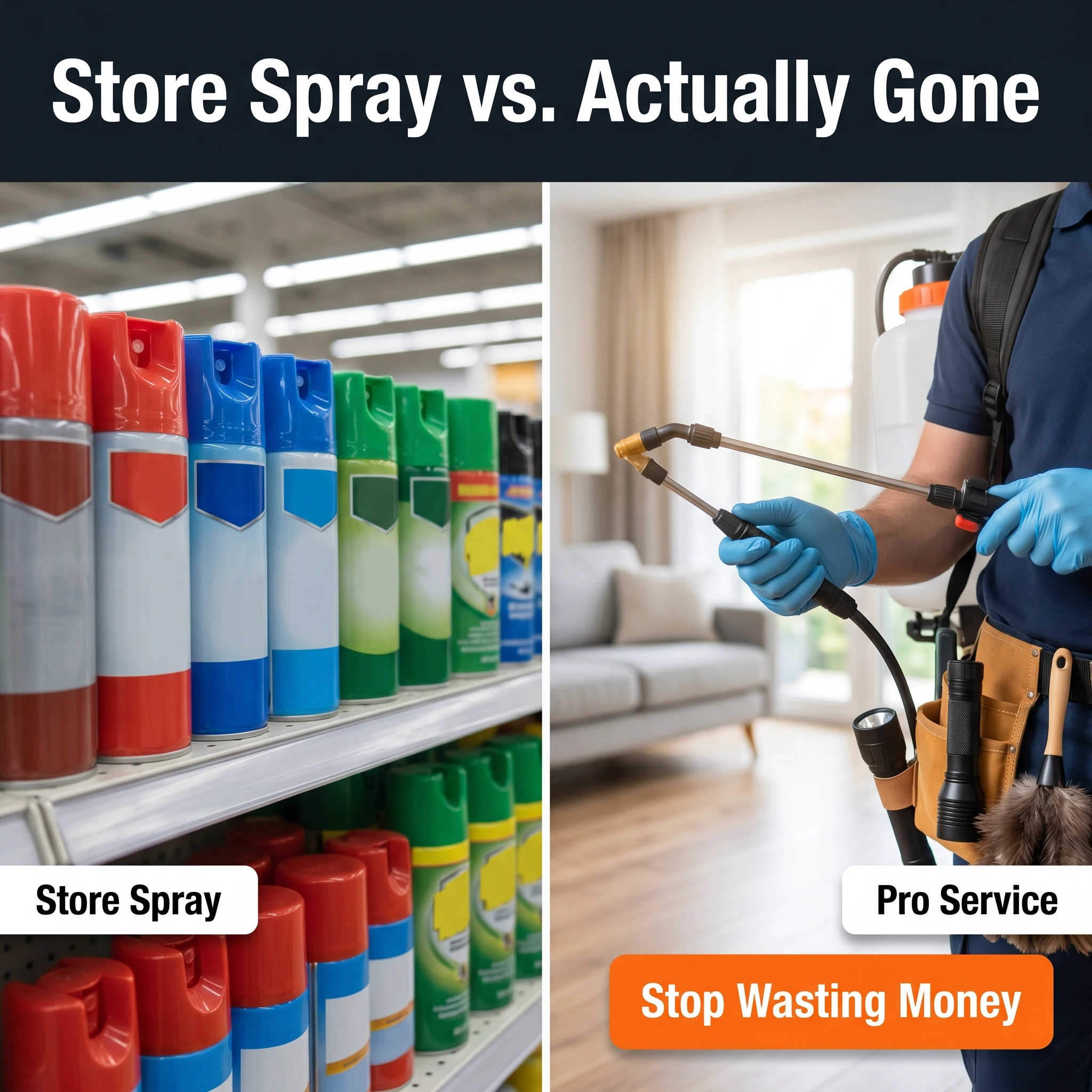 Pest control comparison ad example: split frame of store spray cans and a pro technician with headline 'Store Spray vs. Actually Gone'