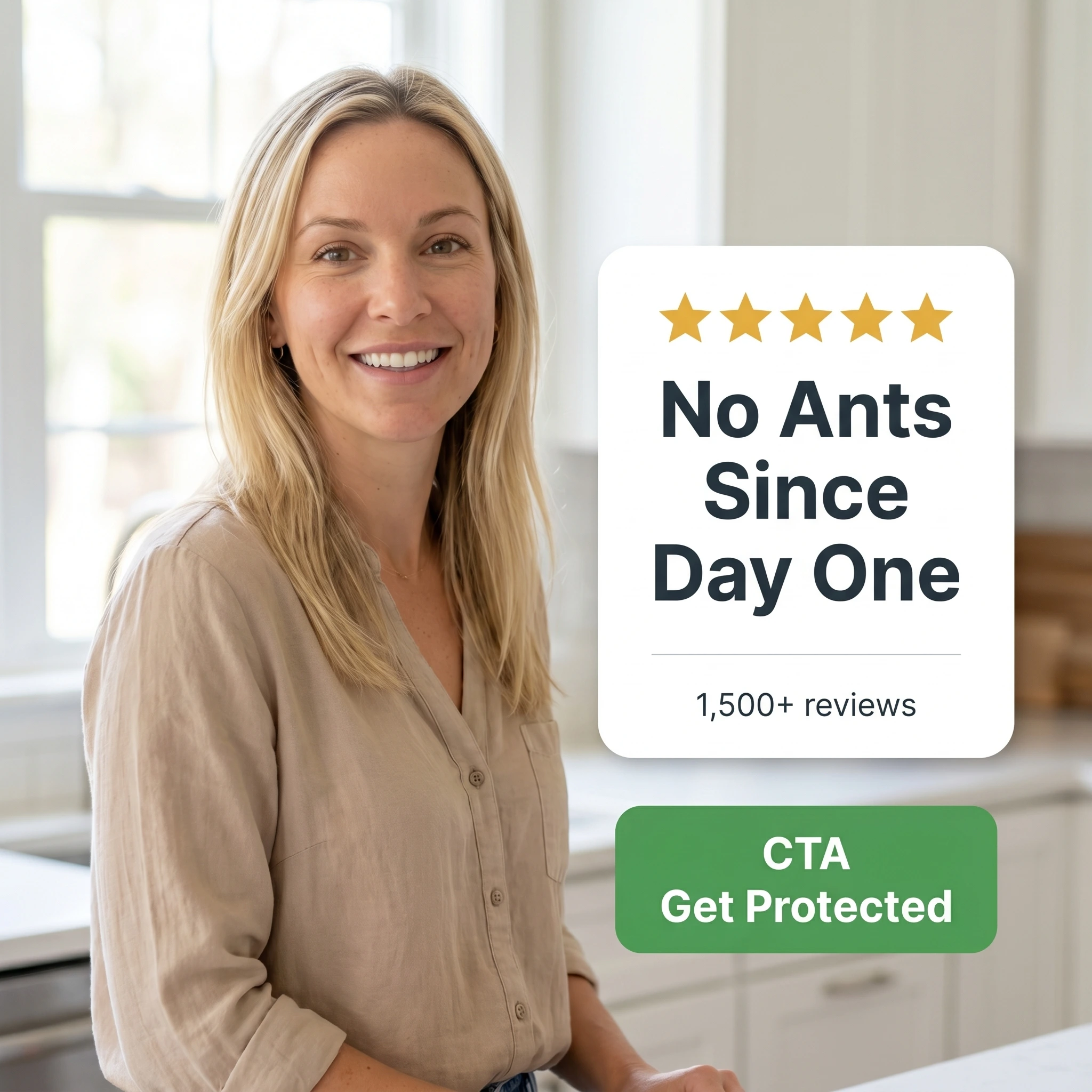 Pest control testimonial ad example: a homeowner beside a five-star quote card reading 'No Ants Since Day One'