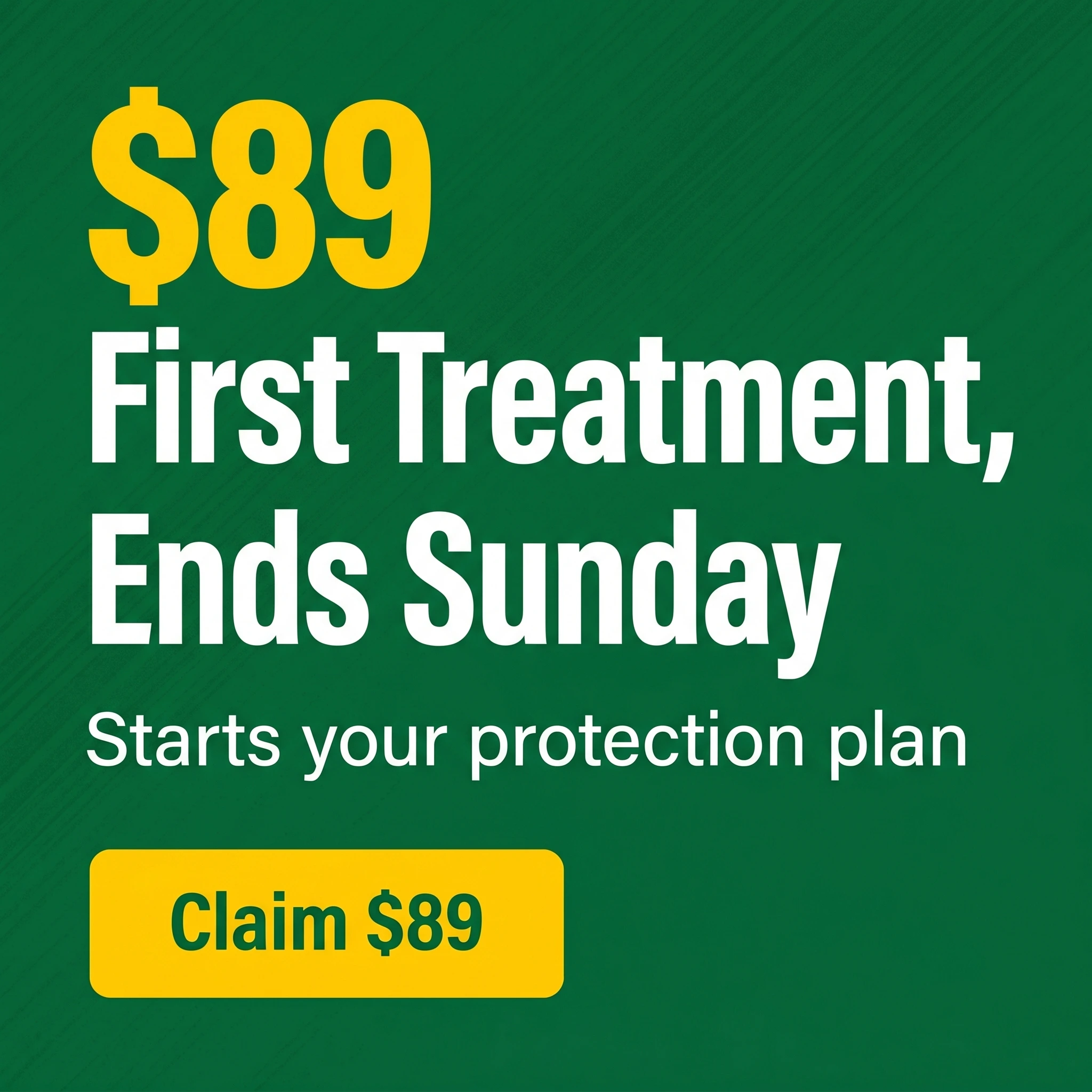 Pest control offer ad example: bold typographic promo reading '$89 First Treatment, Ends Sunday'