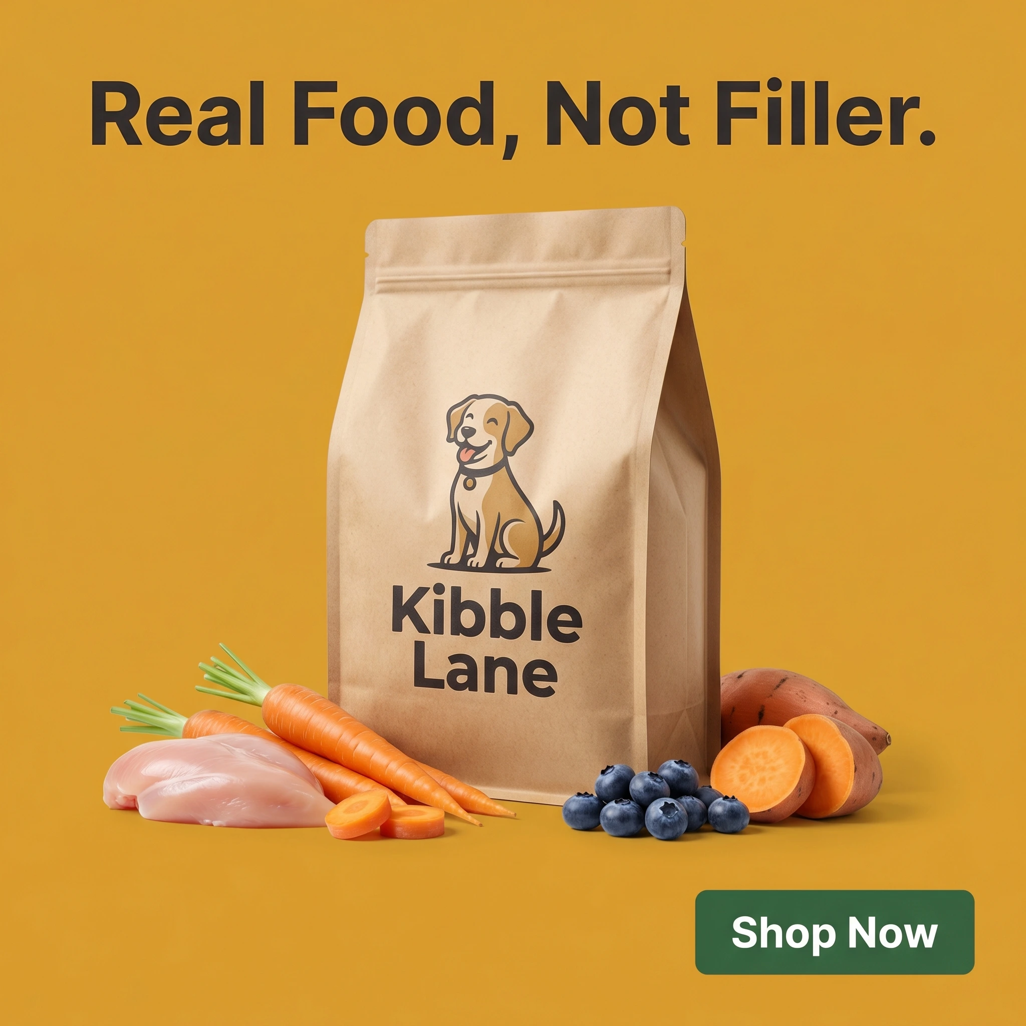 Pet store hero ad example: a clean hero shot of a premium dog food bag and fresh ingredients with headline 'Real Food, Not Filler.'