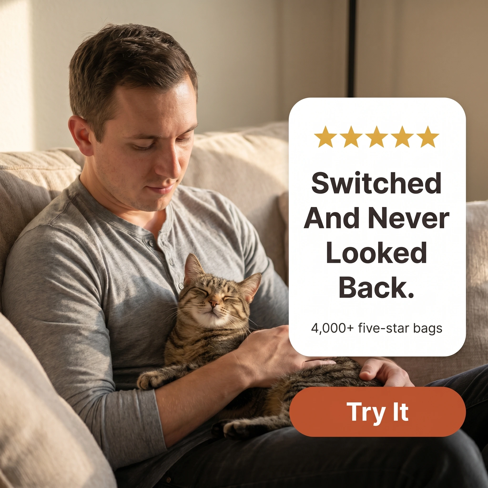 Pet store testimonial ad example: an owner with a cat beside a five-star quote card reading 'Switched And Never Looked Back.'