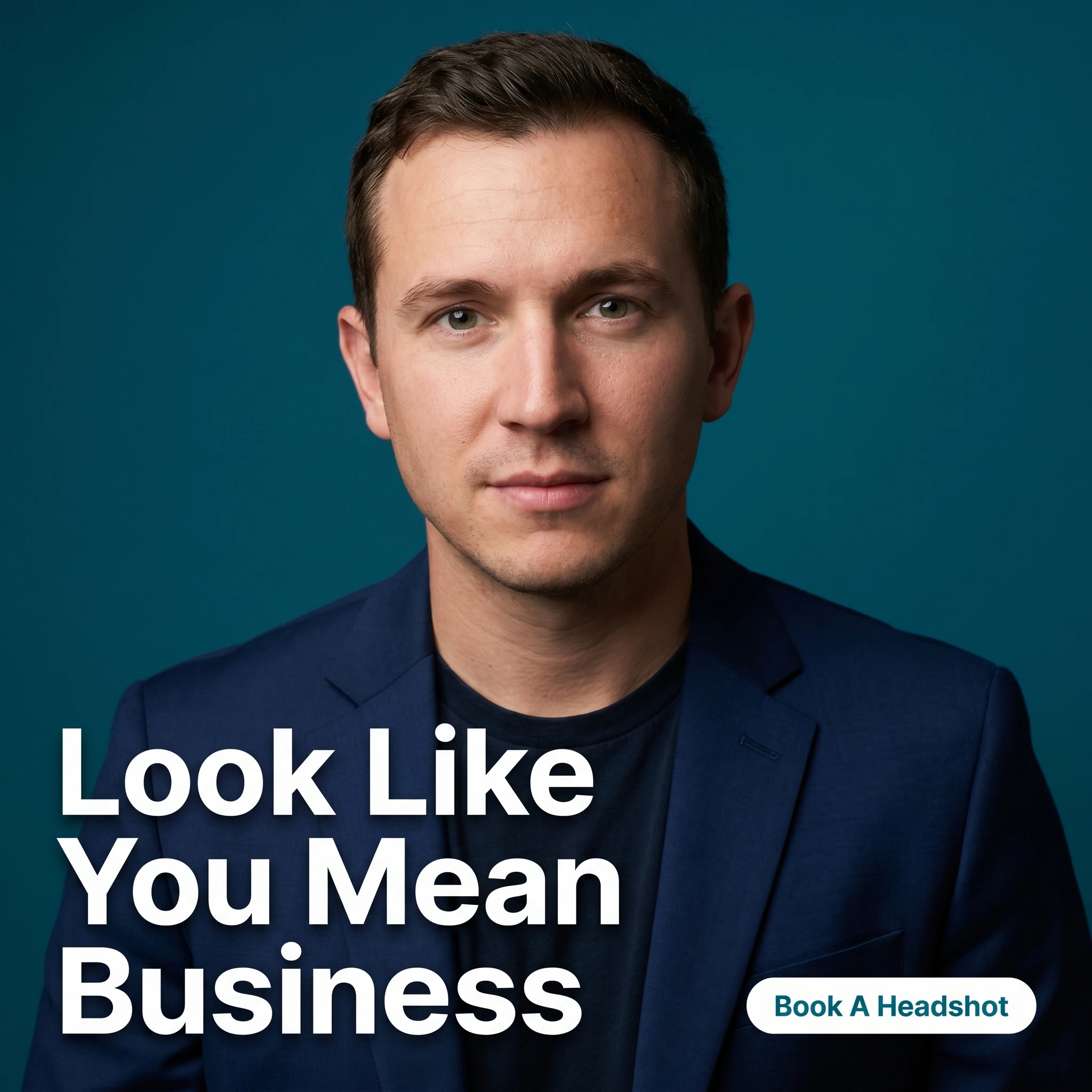 Photography hero ad example: a confident professional headshot on a bold background with headline 'Look Like You Mean Business'