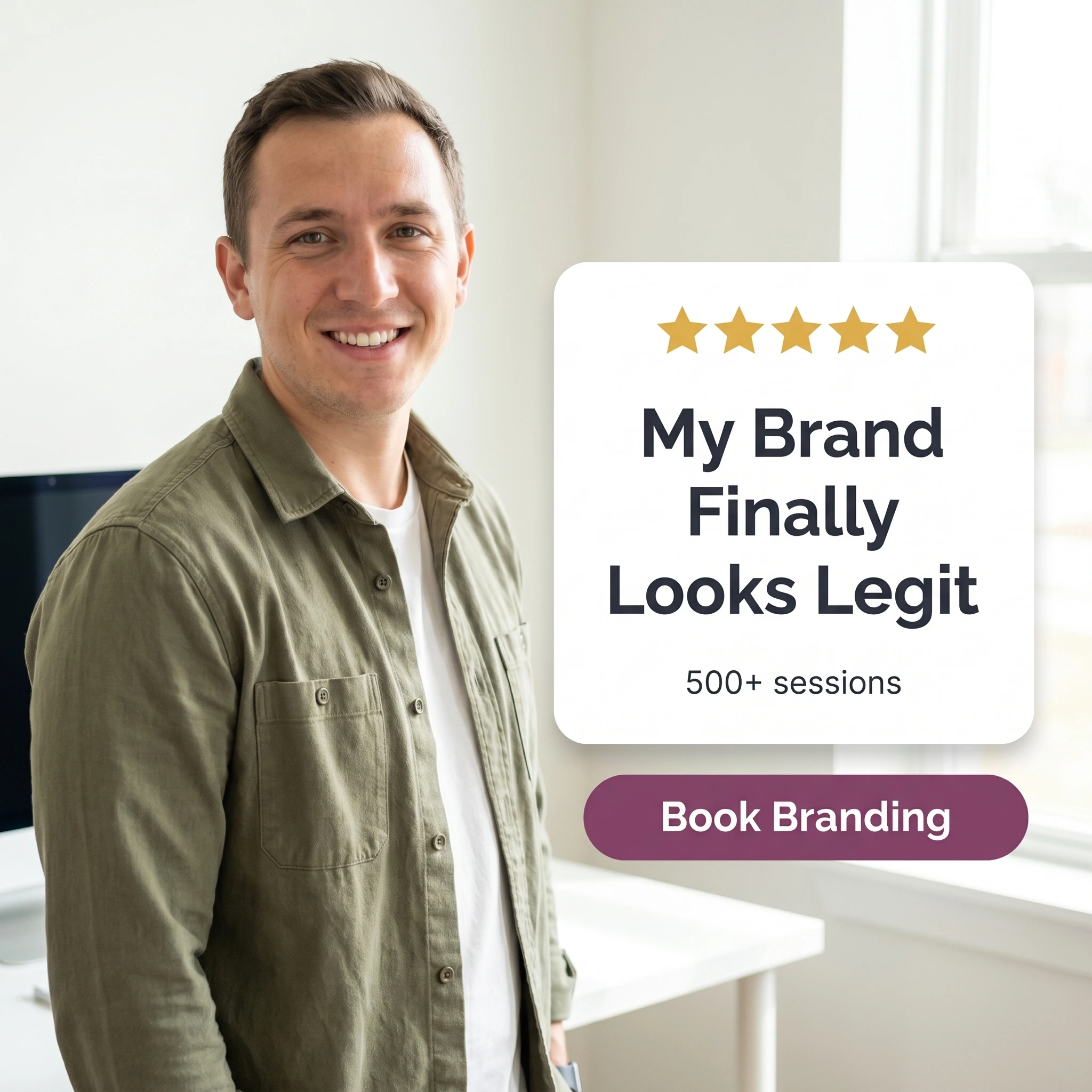 Photography testimonial ad example: a small-business owner beside a five-star quote card reading 'My Brand Finally Looks Legit'