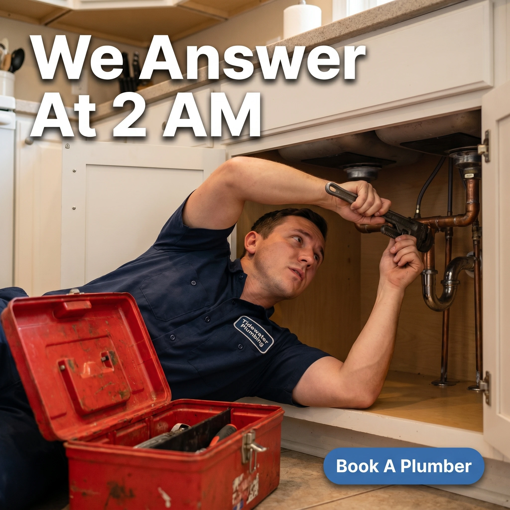 UGC-style plumbing ad example: a plumber working under a sink with headline 'We Answer At 2 AM'