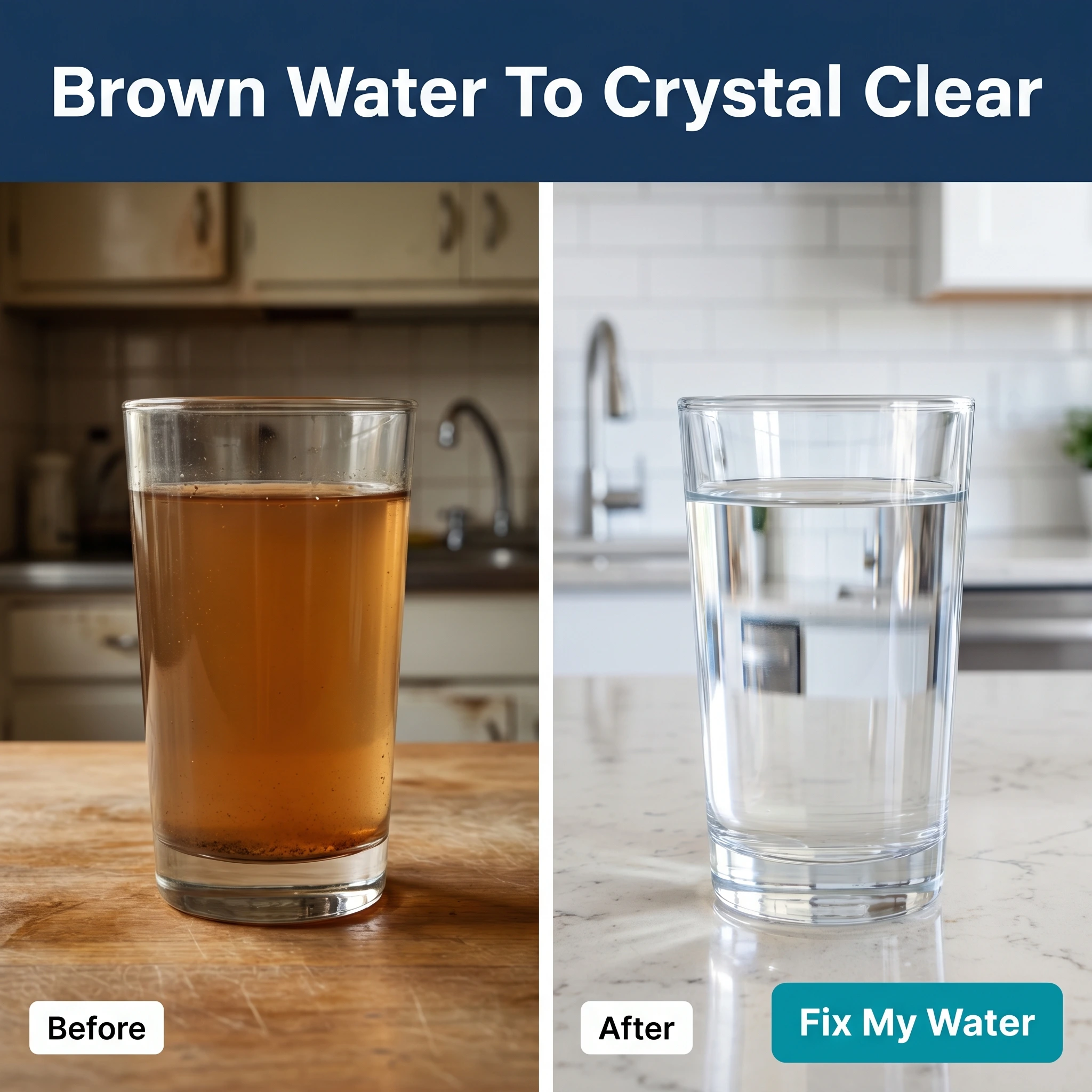 Plumbing before-and-after ad example: split frame of rusty water and clear water with headline 'Brown Water To Crystal Clear'