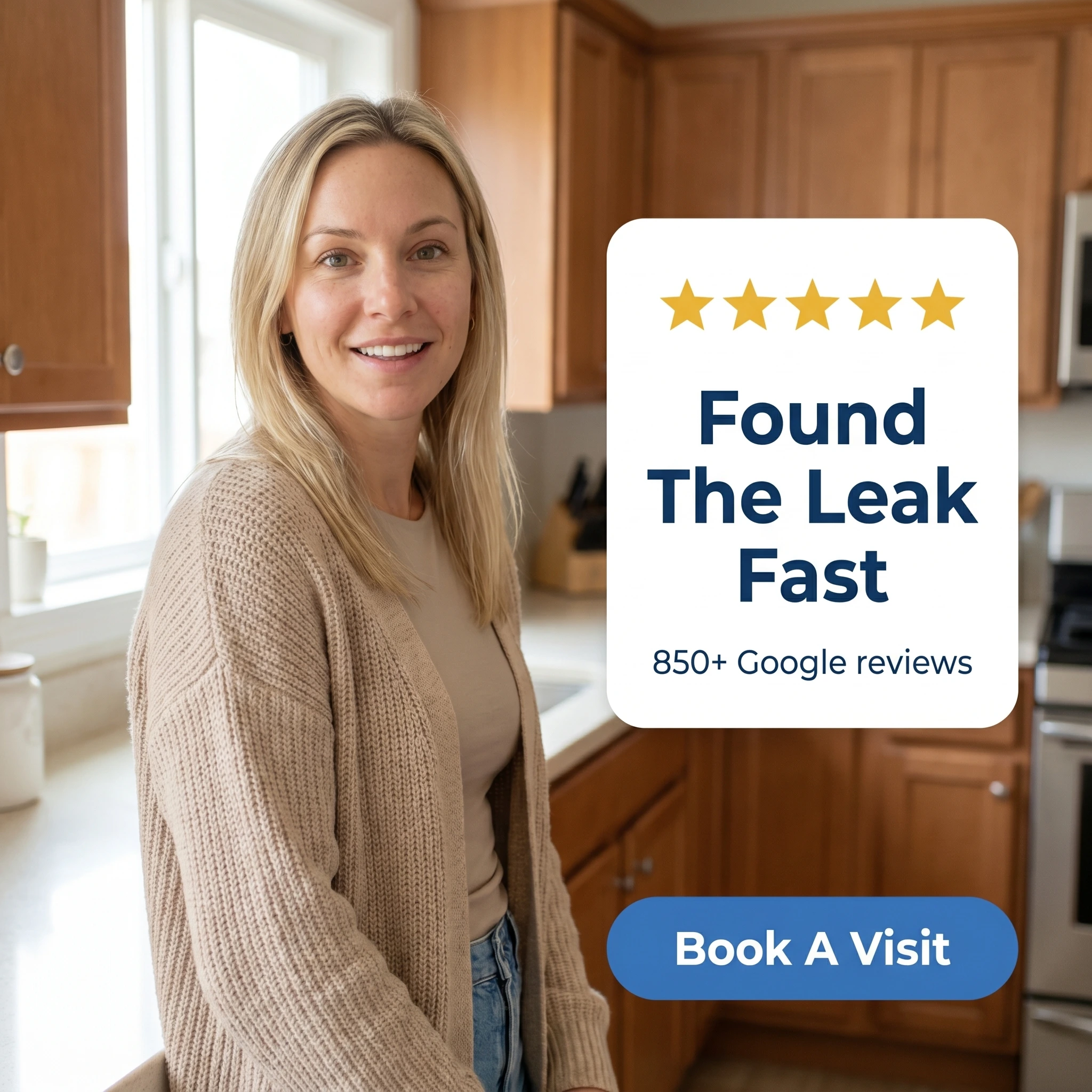 Plumbing testimonial ad example: a homeowner beside a five-star quote card reading 'Found The Leak Fast'