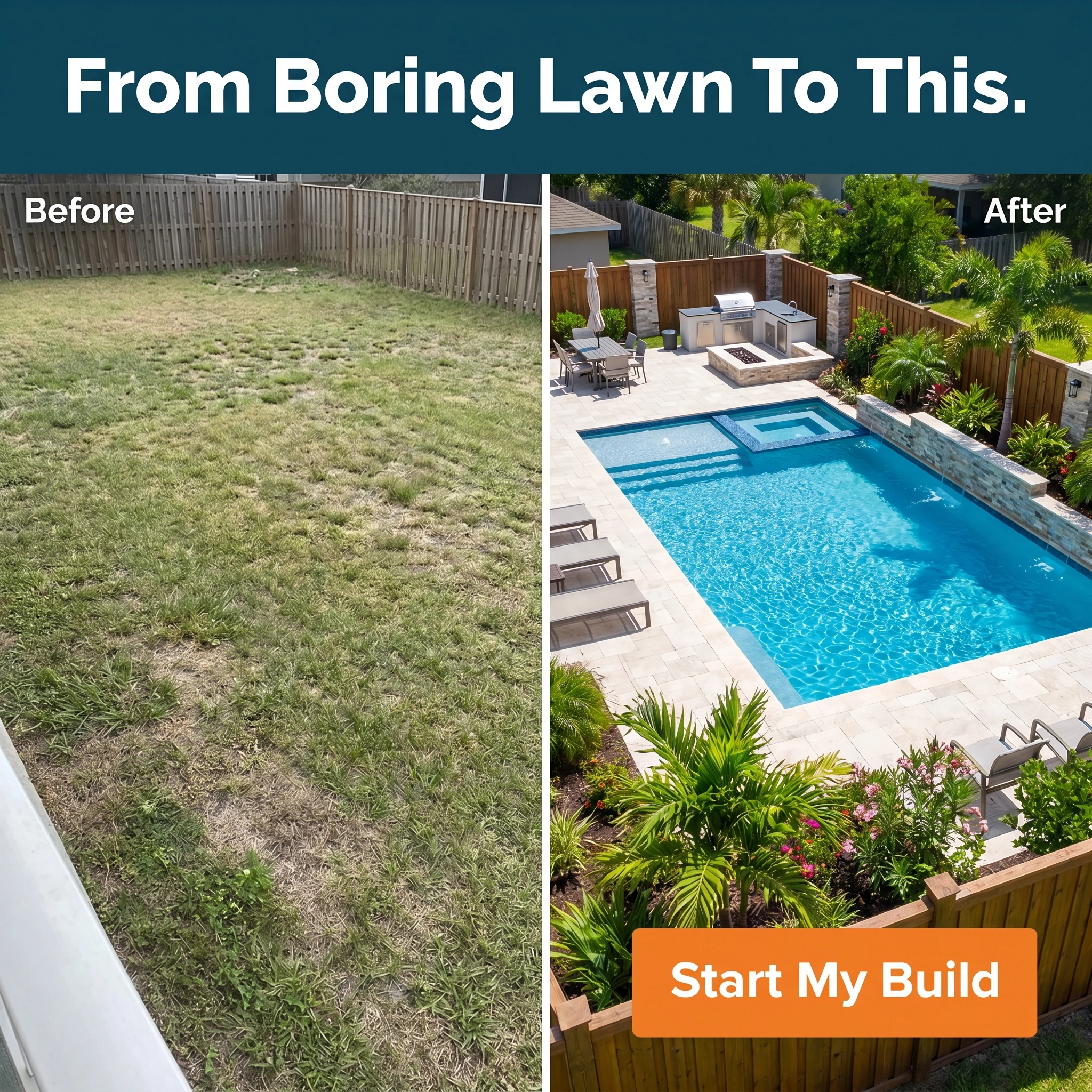 Before-and-after pool company ad example: split frame of a bare grass backyard and a finished pool with patio, headline 'From Boring Lawn To This'
