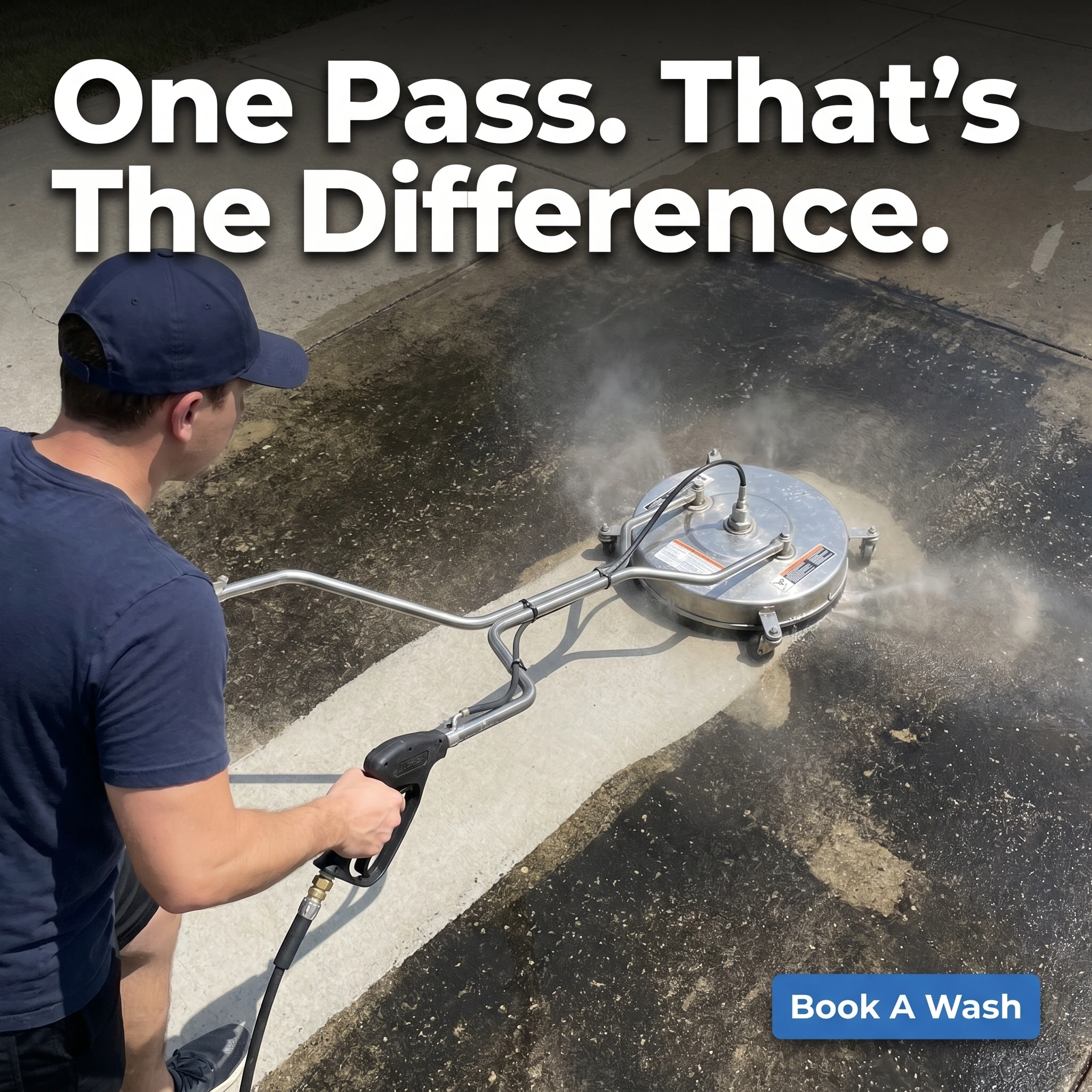 UGC-style pressure washing ad example: operator pulling a clean stripe across a grimy driveway with headline 'One Pass. That's The Difference.'