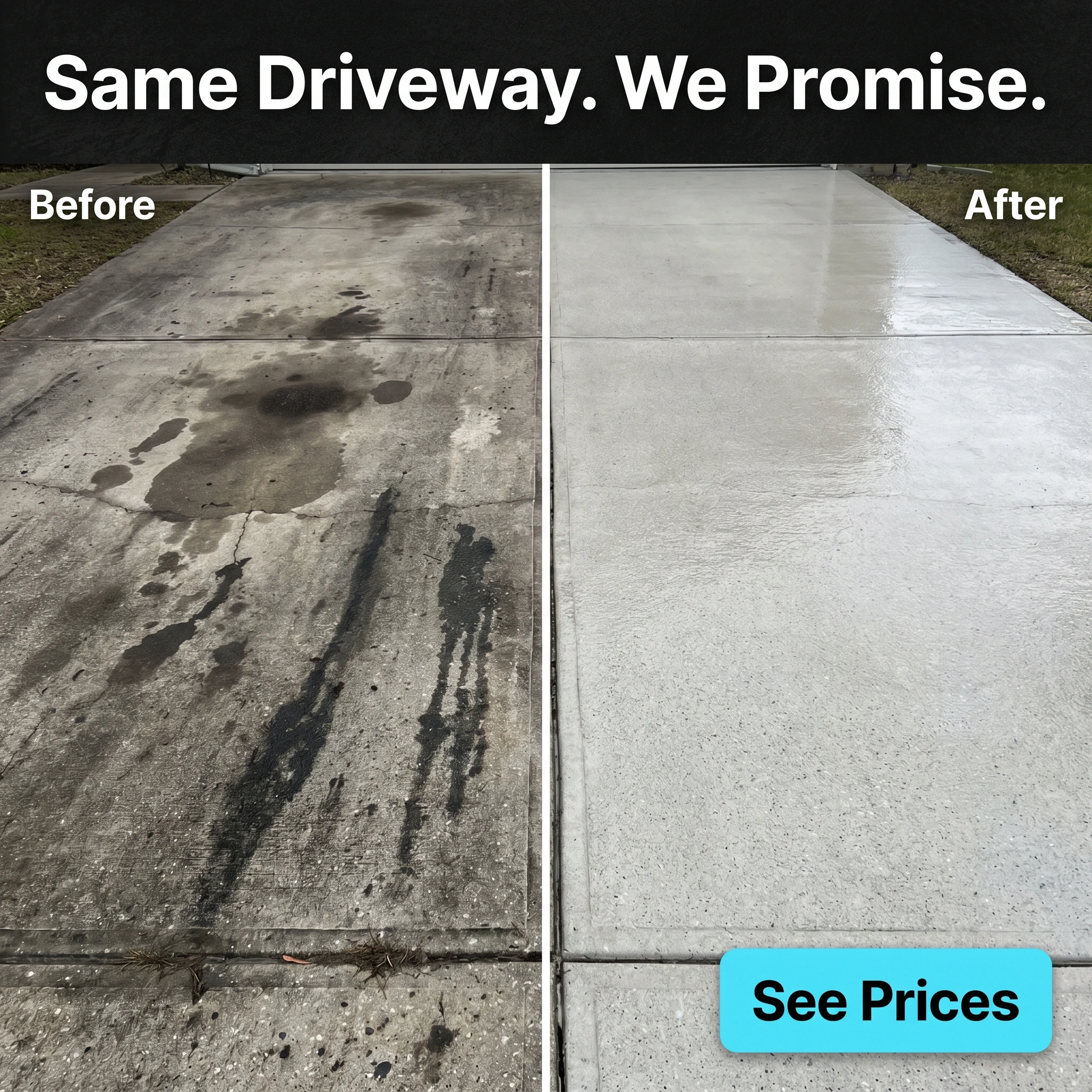 Before-and-after pressure washing ad example: split frame of a black-streaked driveway and the same driveway bright and clean with headline 'Same Driveway. We Promise.'