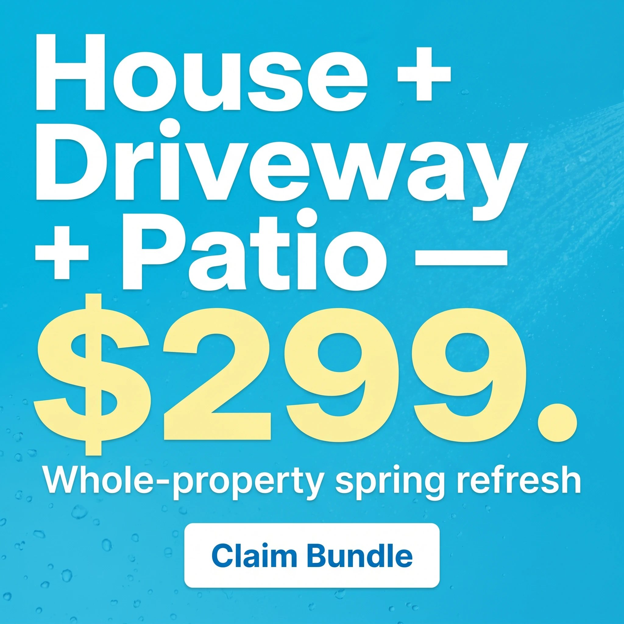 Pressure washing offer ad example: typography-led promo reading 'House + Driveway + Patio — $299'