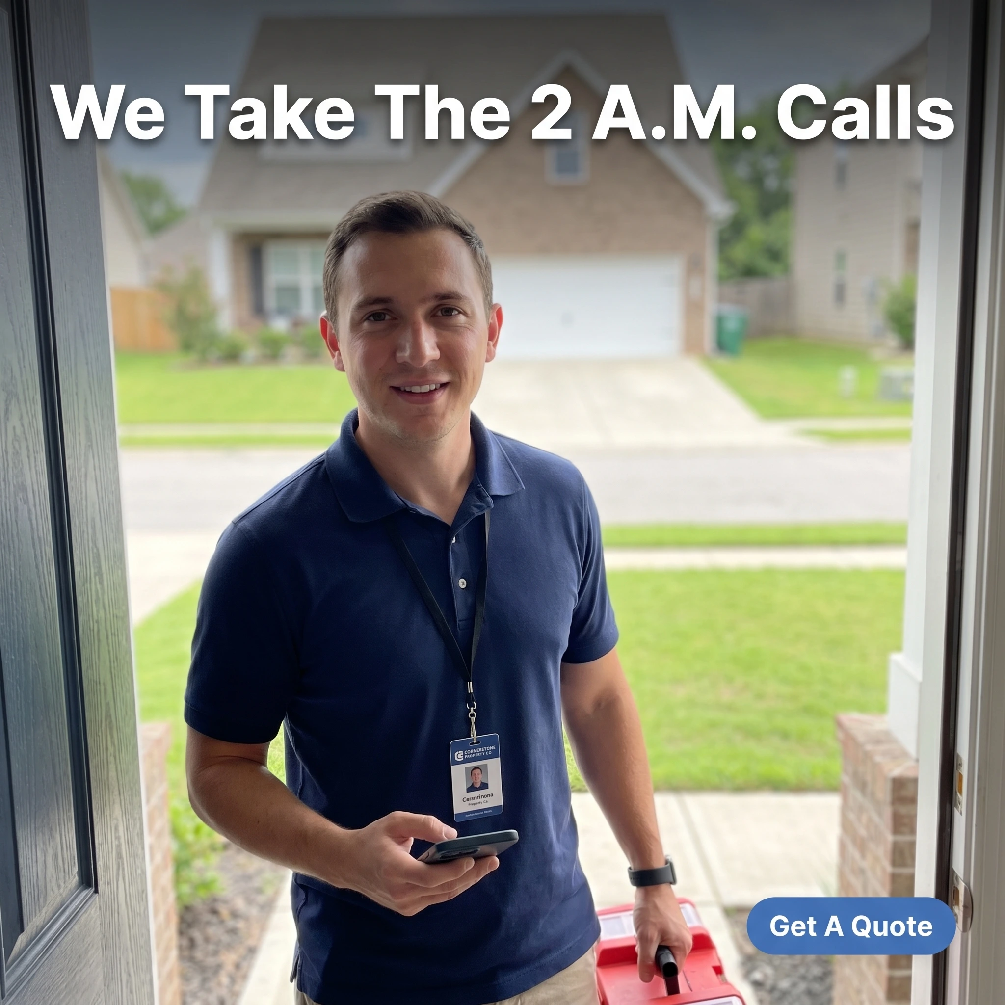 UGC-style property management ad example: a property manager on a managed-home doorstep with headline 'We Take The 2 A.M. Calls'