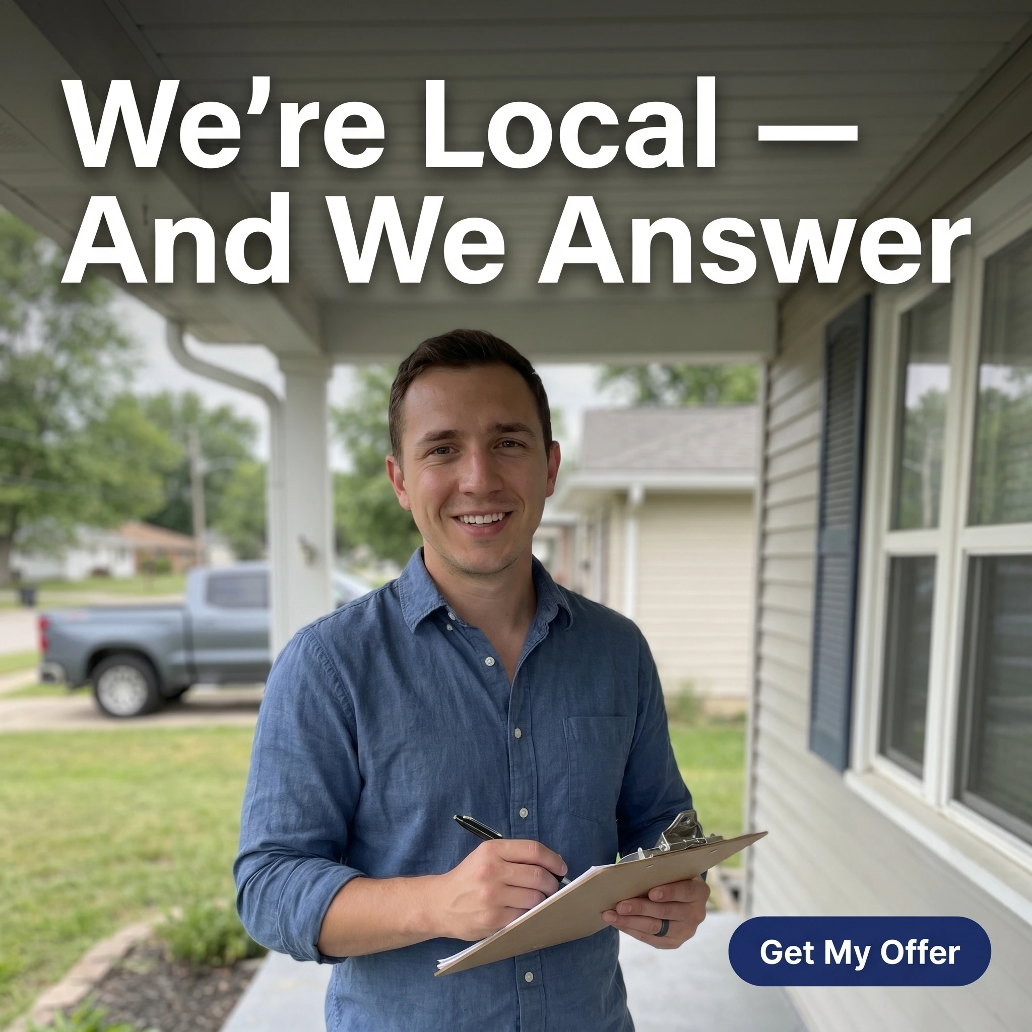 UGC-style real estate investor ad example: a local home buyer on a porch with headline 'We're Local — And We Answer'