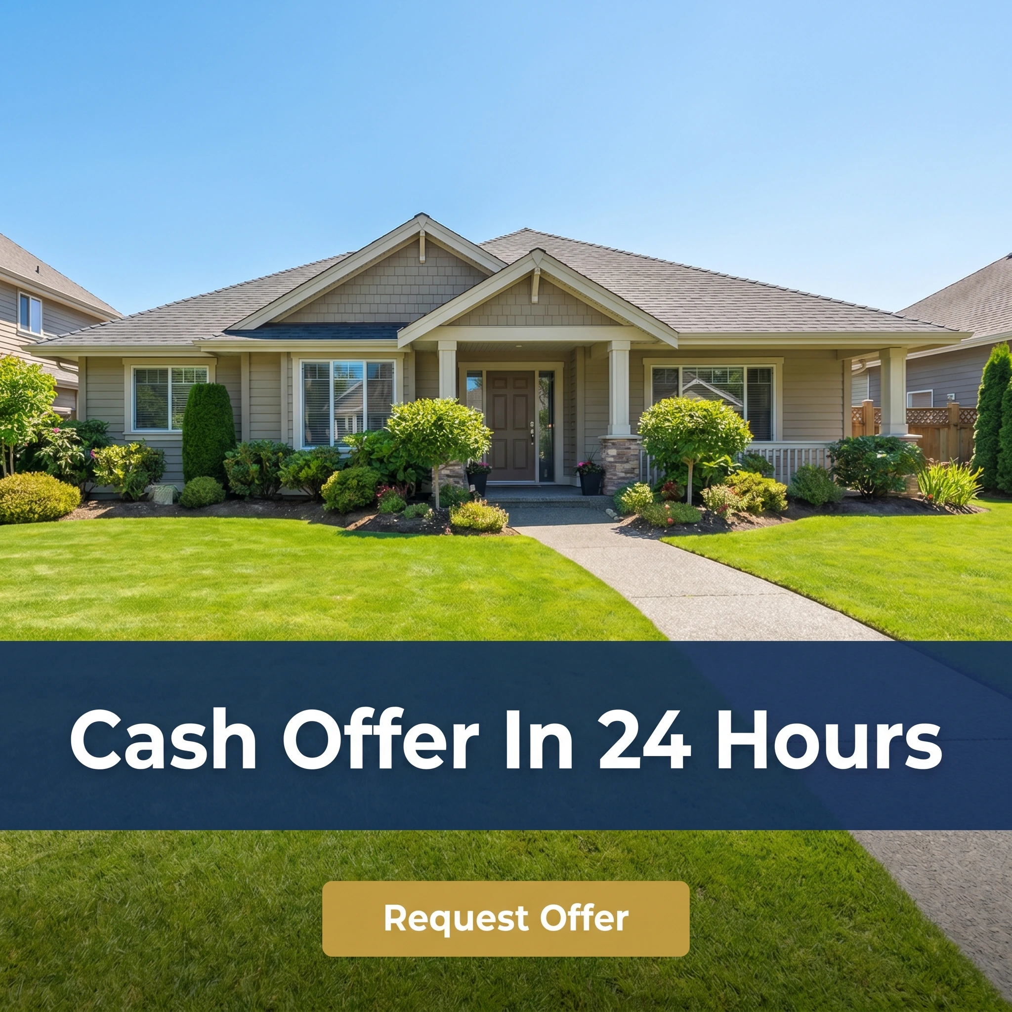 Real estate investor hero ad example: a suburban house with a bold overlay reading 'Cash Offer In 24 Hours'