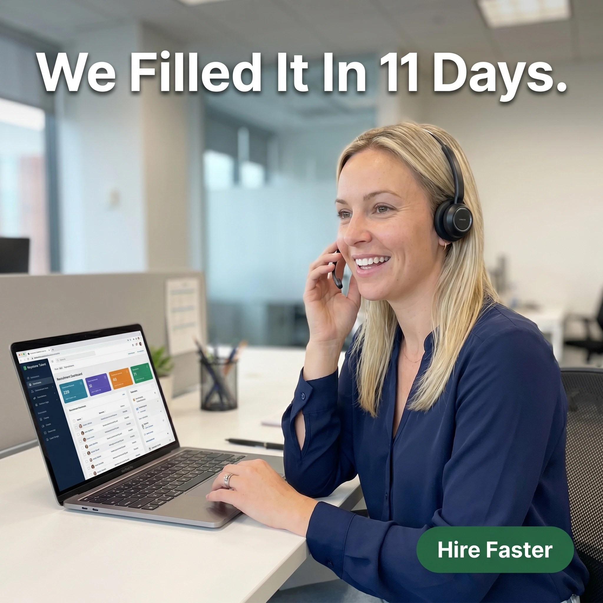 UGC-style recruitment agency ad example: a recruiter on the phone at a desk with headline 'We Filled It In 11 Days.'