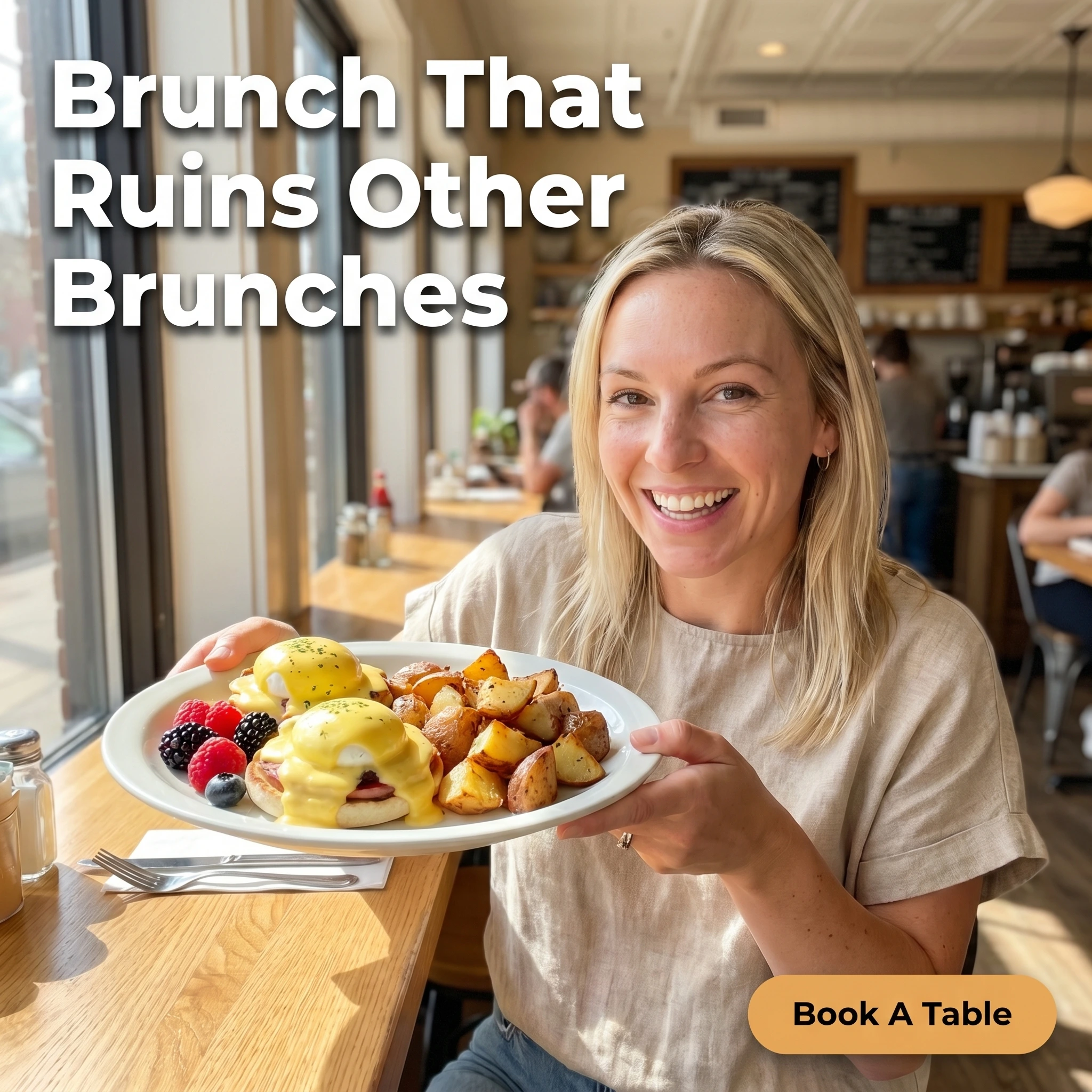 UGC-style restaurant ad example: woman at a brunch table holding up a plate with headline 'Brunch That Ruins Other Brunches'